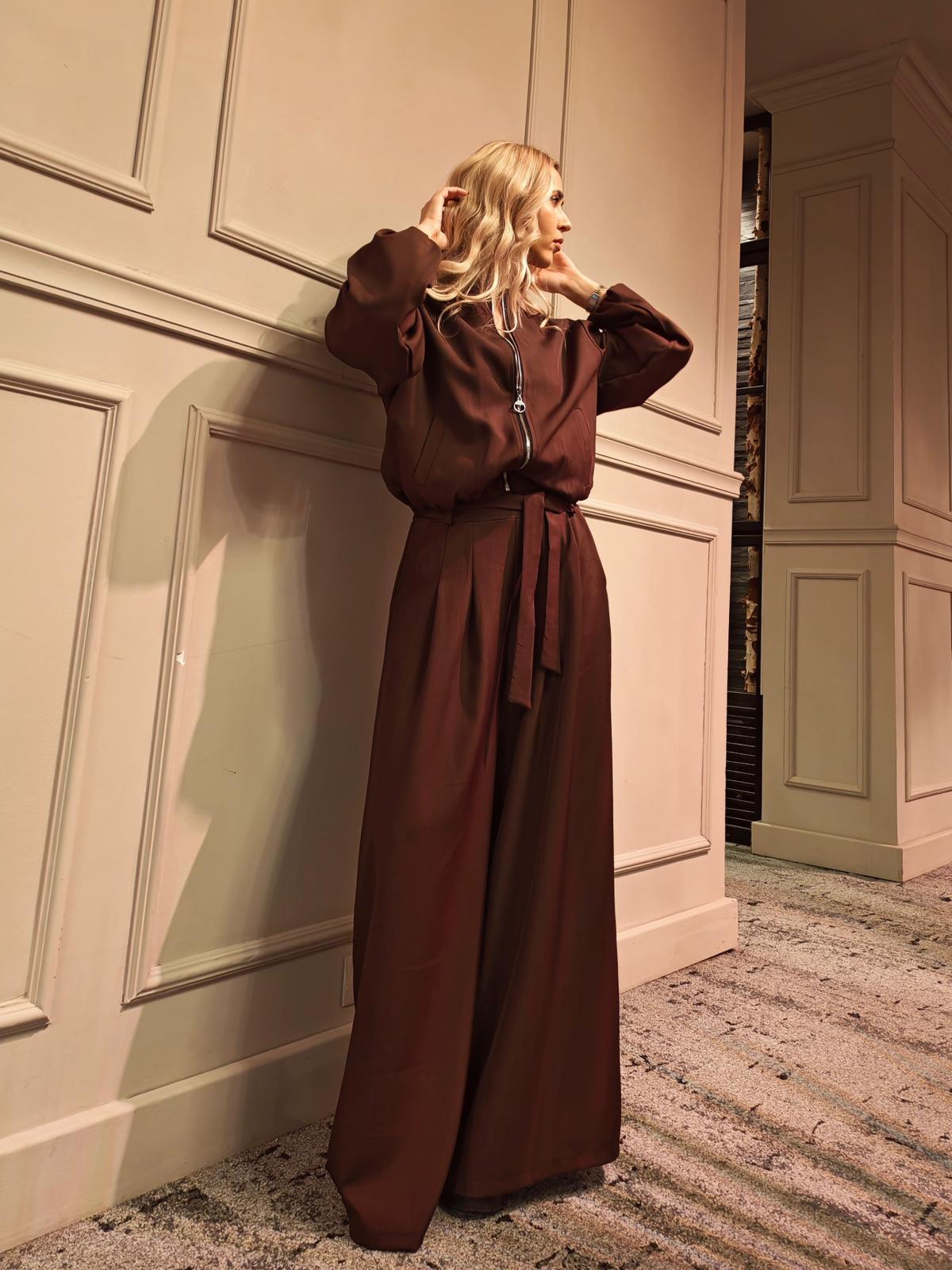 Elegant Women’s Set with Bomber Jacket and Palazzo Pants, Brown Chocolate