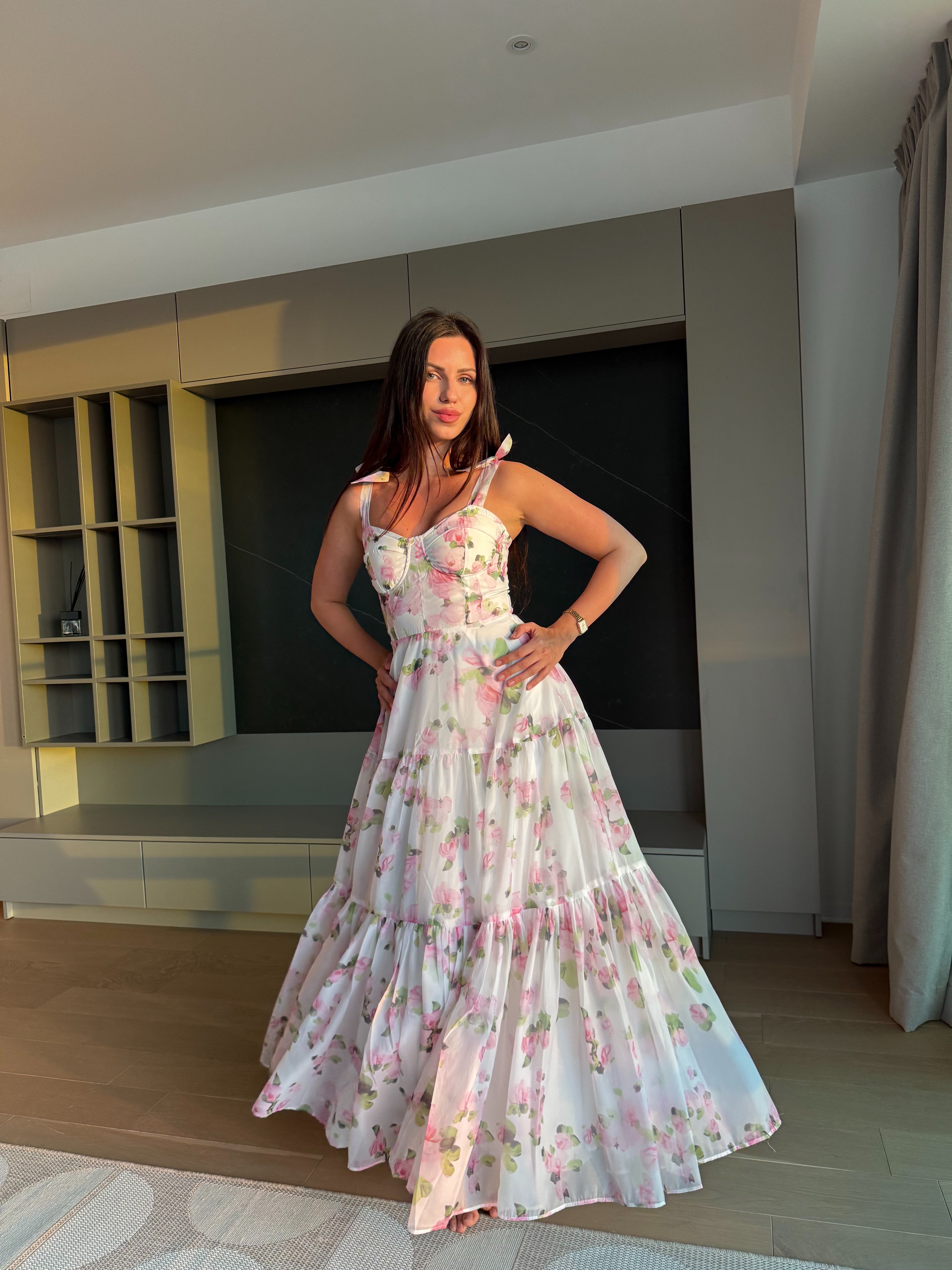 Rochie midi florală roz cu corset și fustă amplă, Rosamee