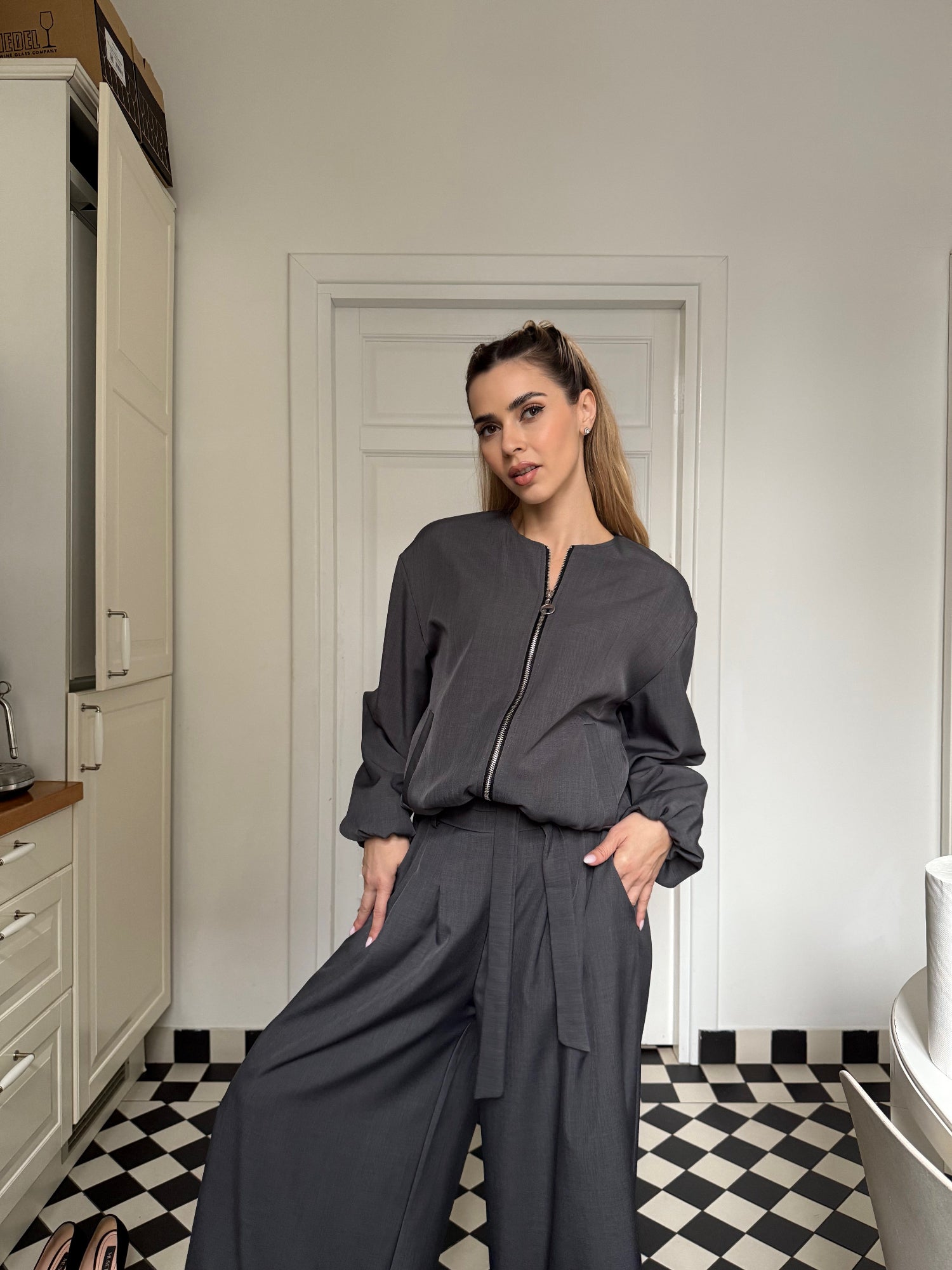 Elegant Women’s Set with Bomber Jacket and Palazzo Pants, Brown Chocolate