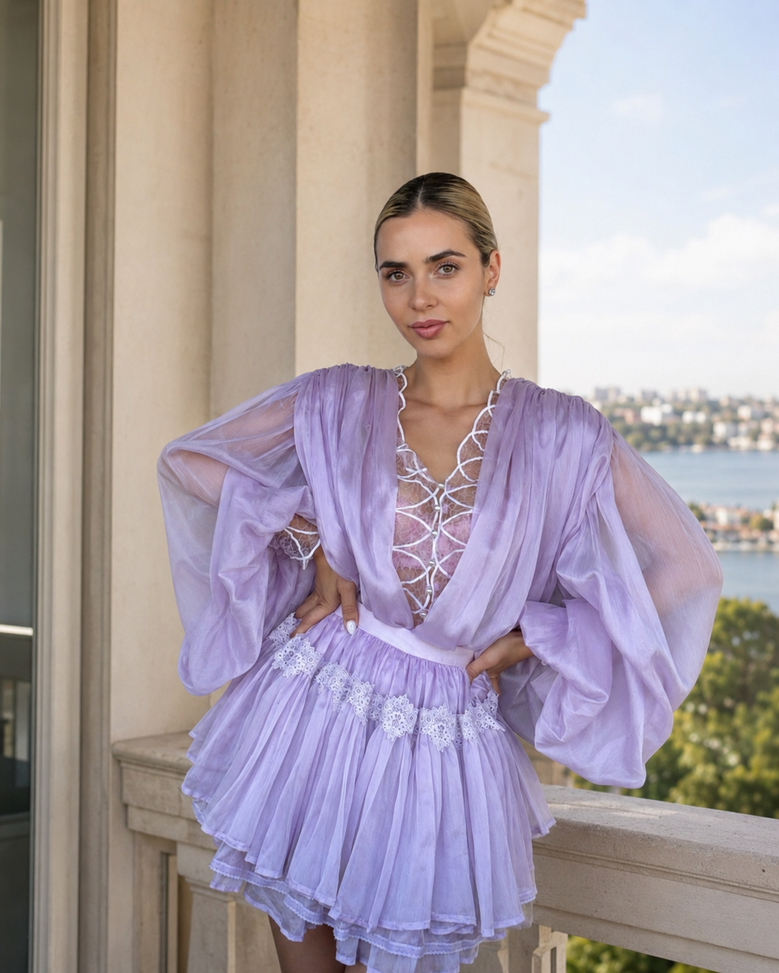 Set Lilac Mist – Cămașă cu Mâneci Ample și Fustă Pantalon, Celestine