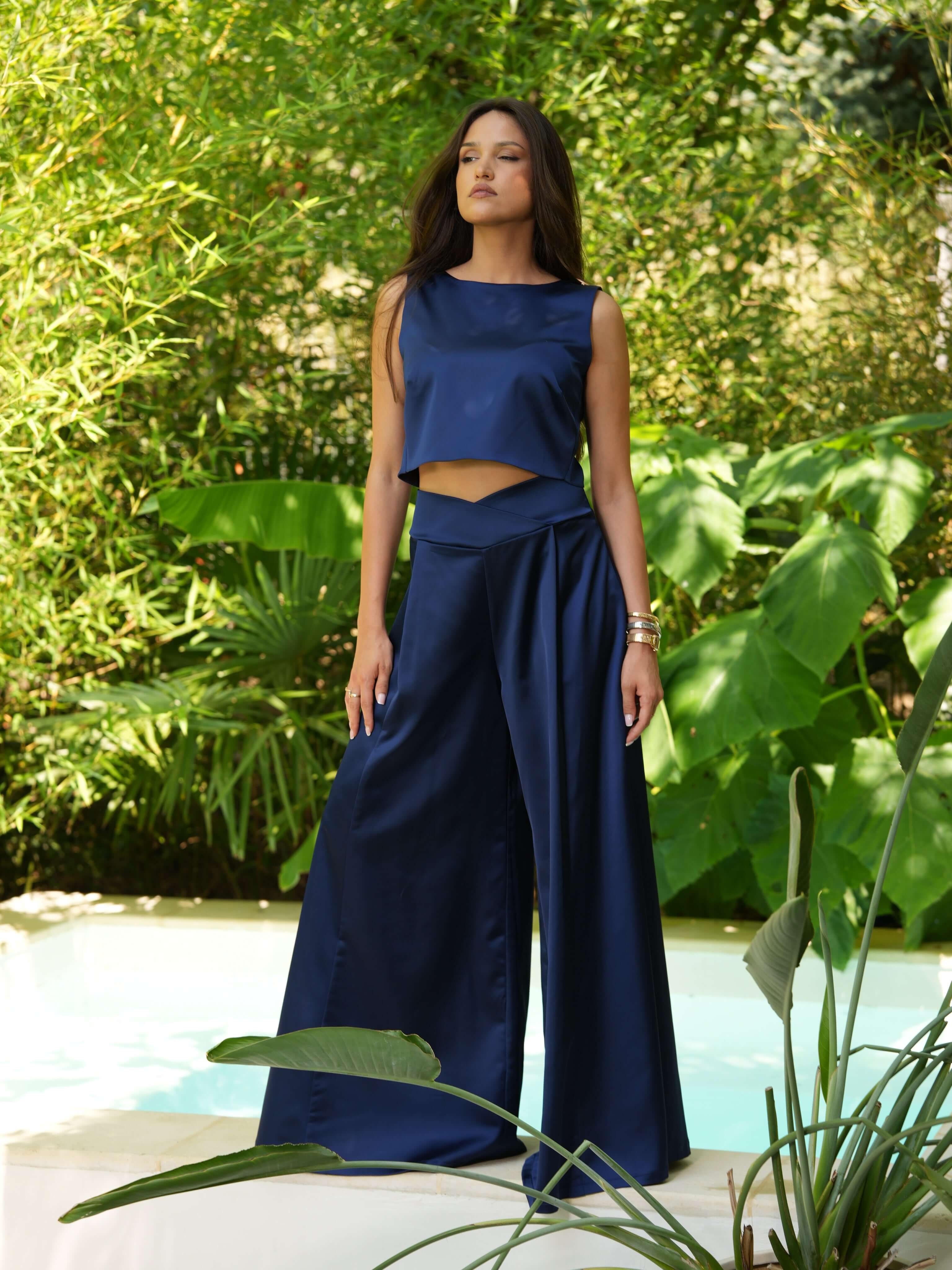 Pantaloni din Satin Palazzo, Albastru, Lagoon