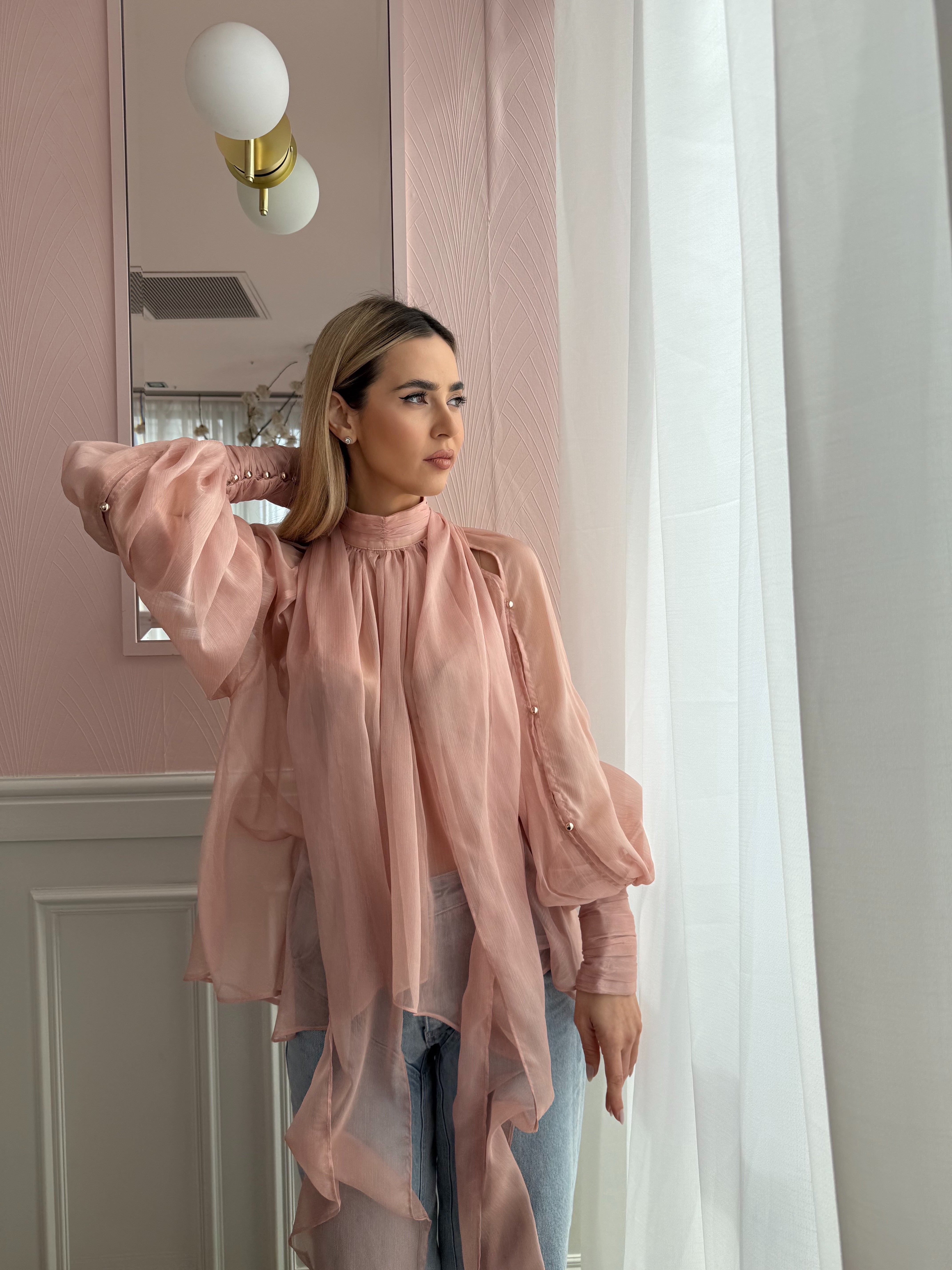 Bluză roz pudrat din voal și mâneci ample, Angeline Pink Powder