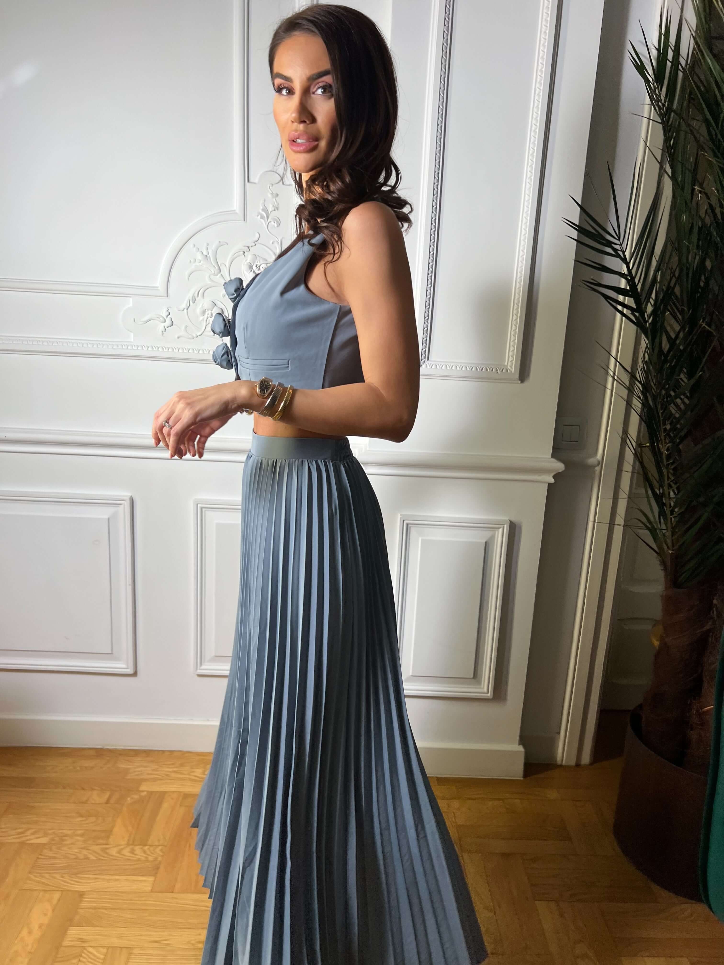 Set cu Vesta si Fusta Plisata, Albastru, Muse