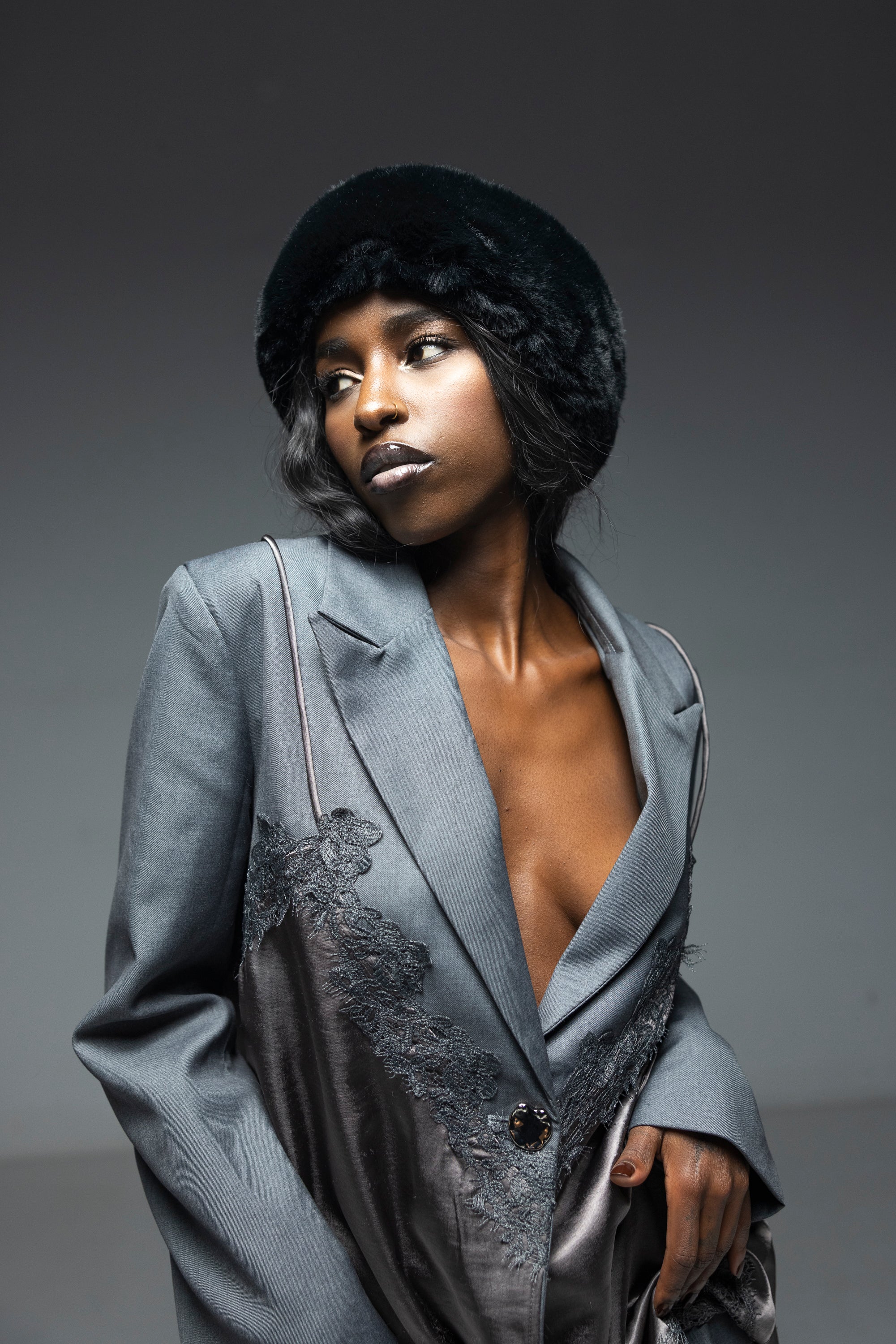 Blazer Sacou cu Dantela, Gri, Anouk