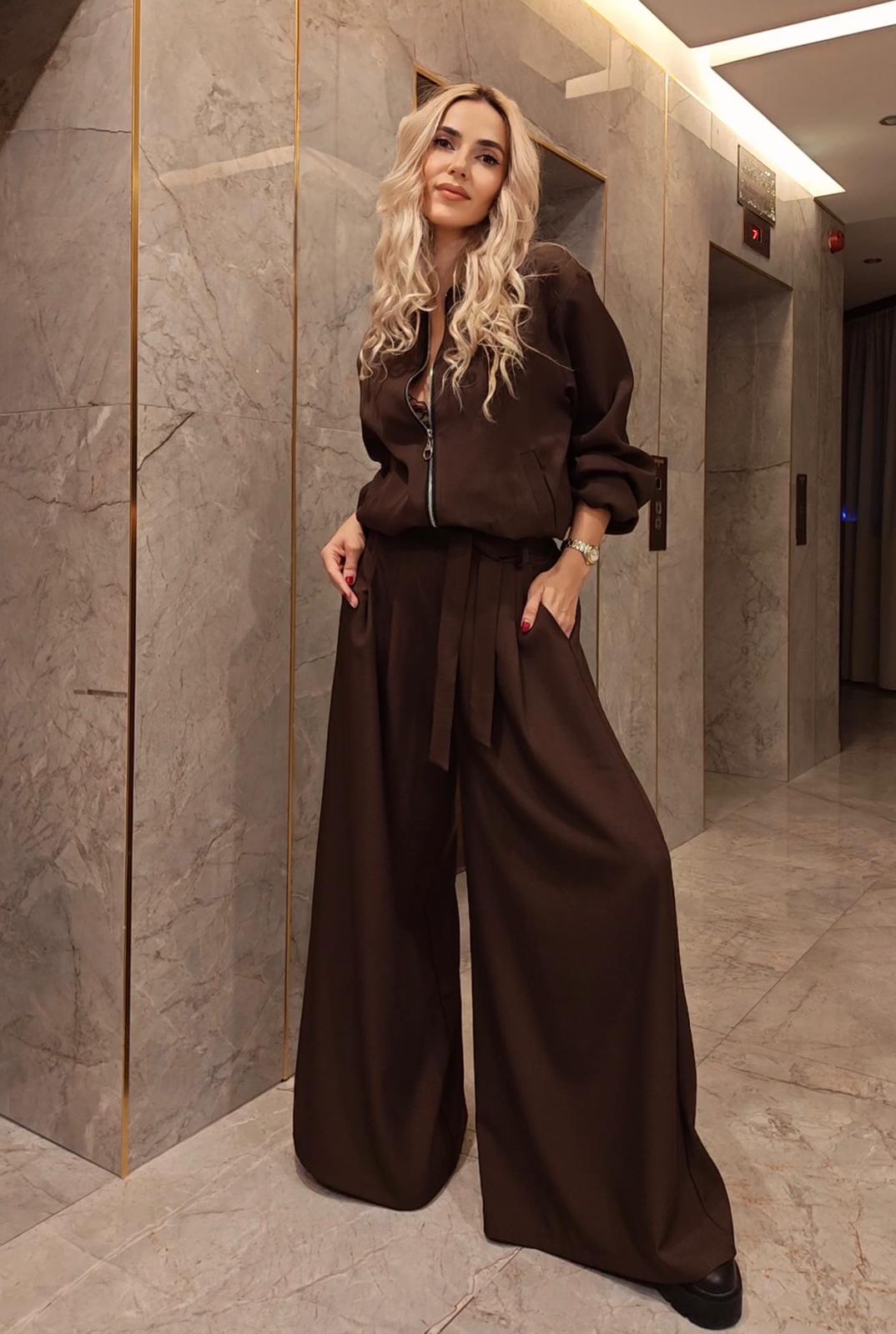 Costum Dama Elegant cu Jacheta Bomber si Pantaloni Palazzo, Brune Chocolate VOYAGEUSE