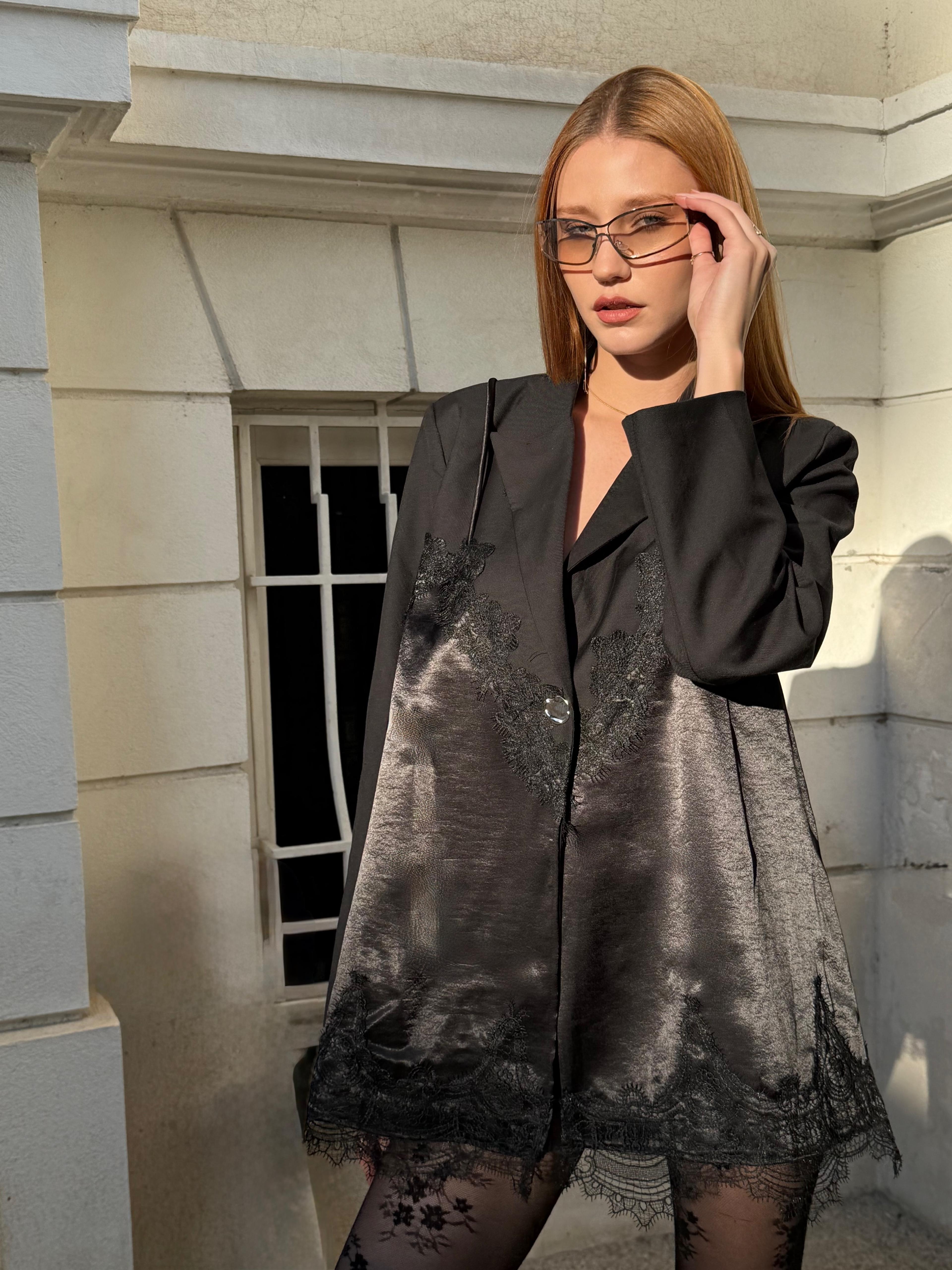 Blazer Sacou cu Dantela, Negru, Anouk