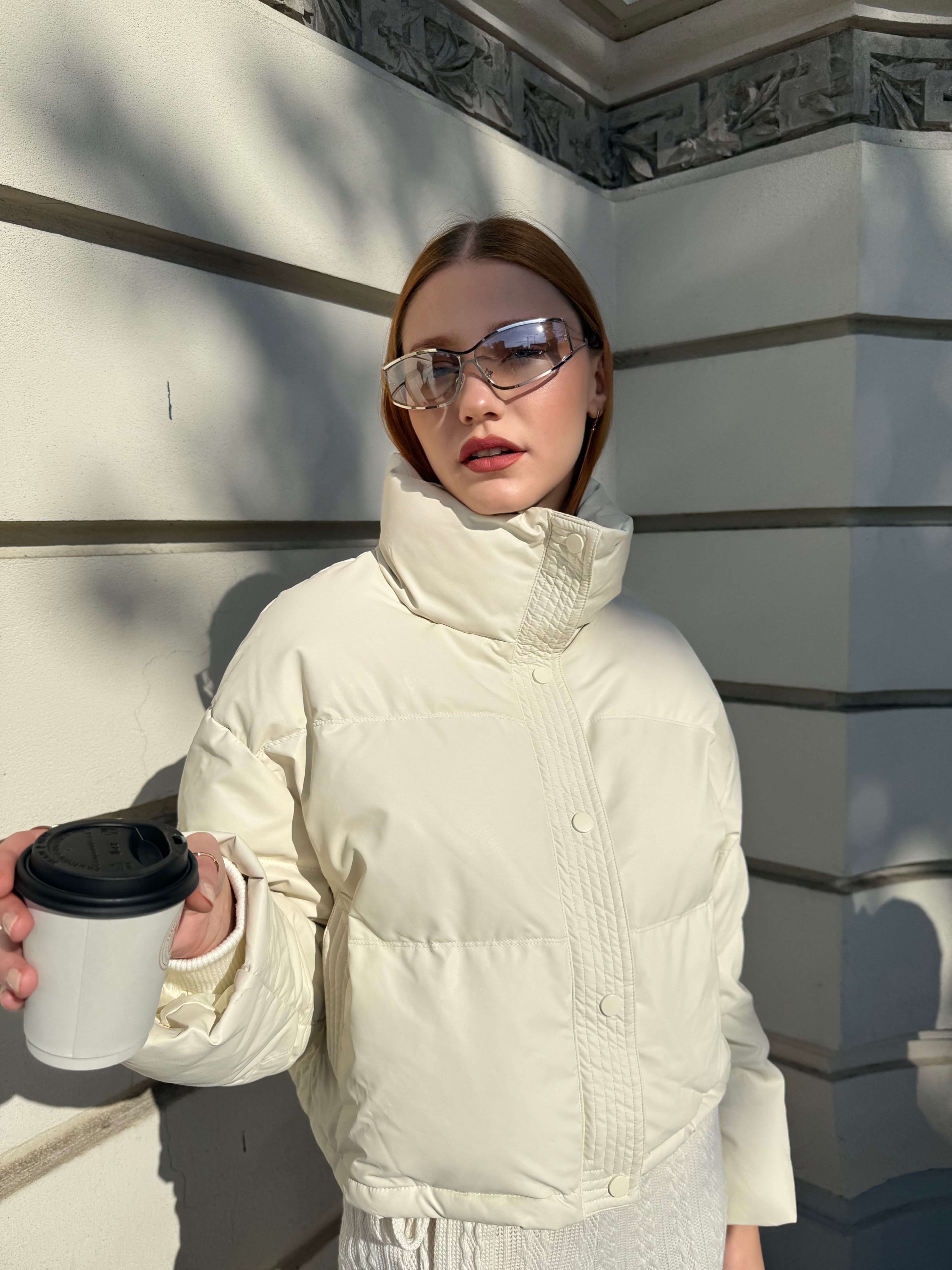 Geaca Puffer Oversized cu Guler Inalt, Bej, Milky Way