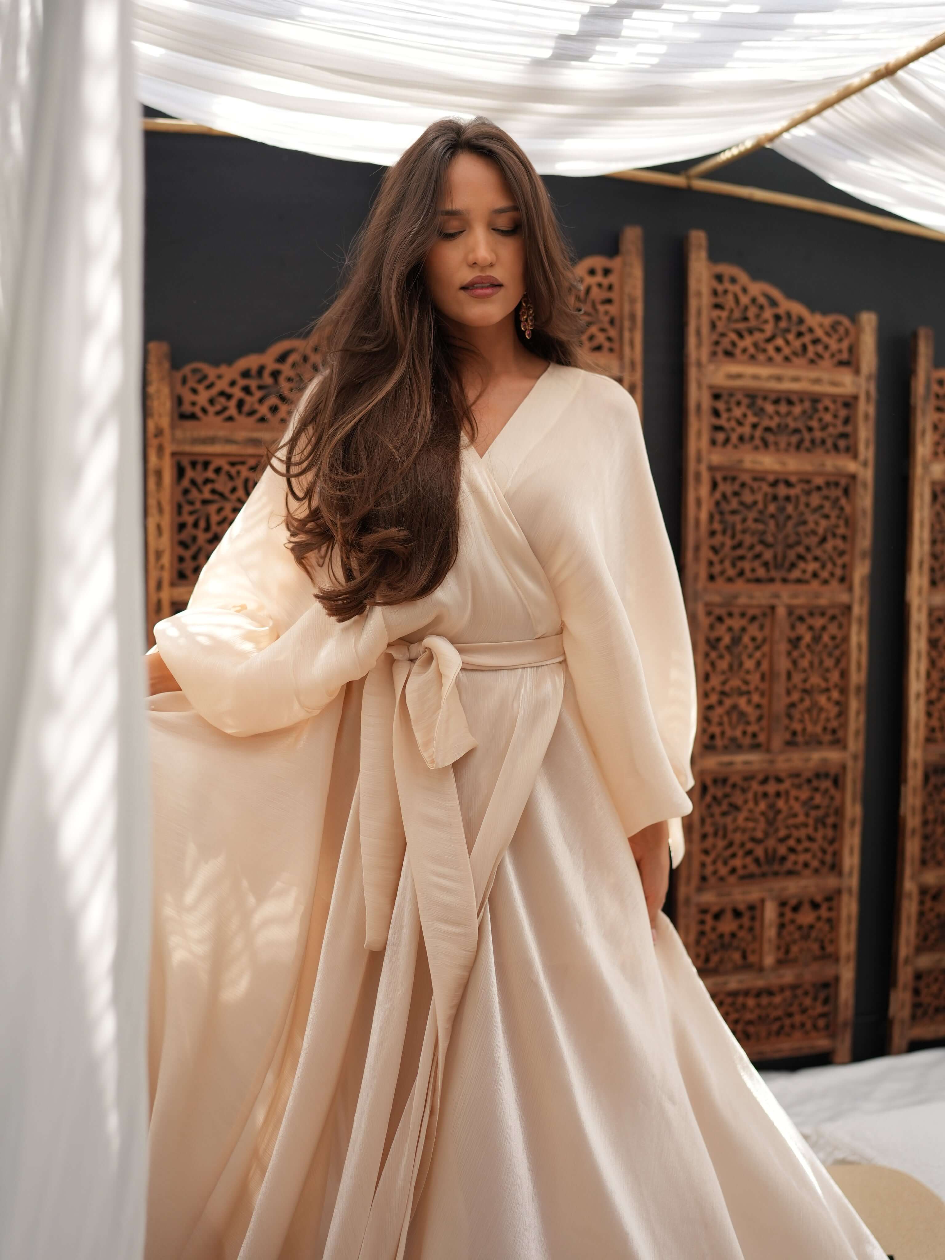 Rochie Maxi cu Volum, Bej, Golden Pearl