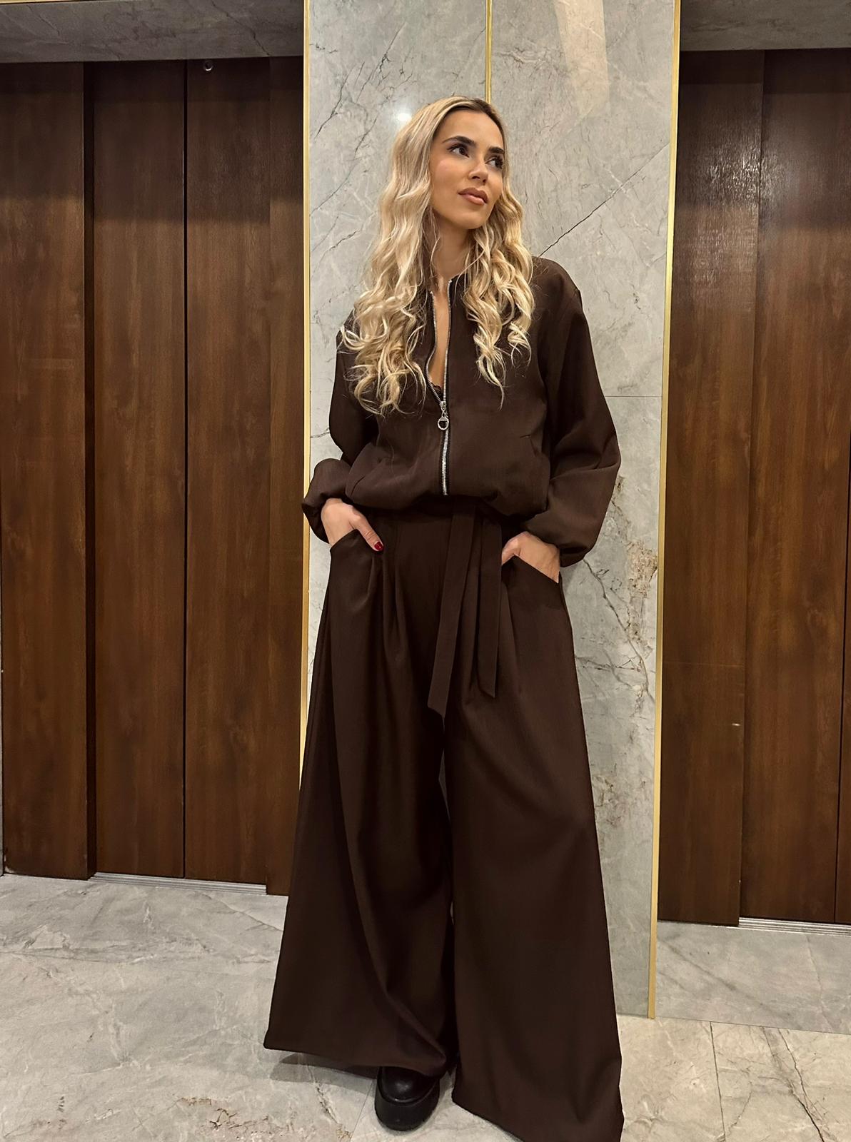 Elegant Women’s Set with Bomber Jacket and Palazzo Pants, Brown Chocolate