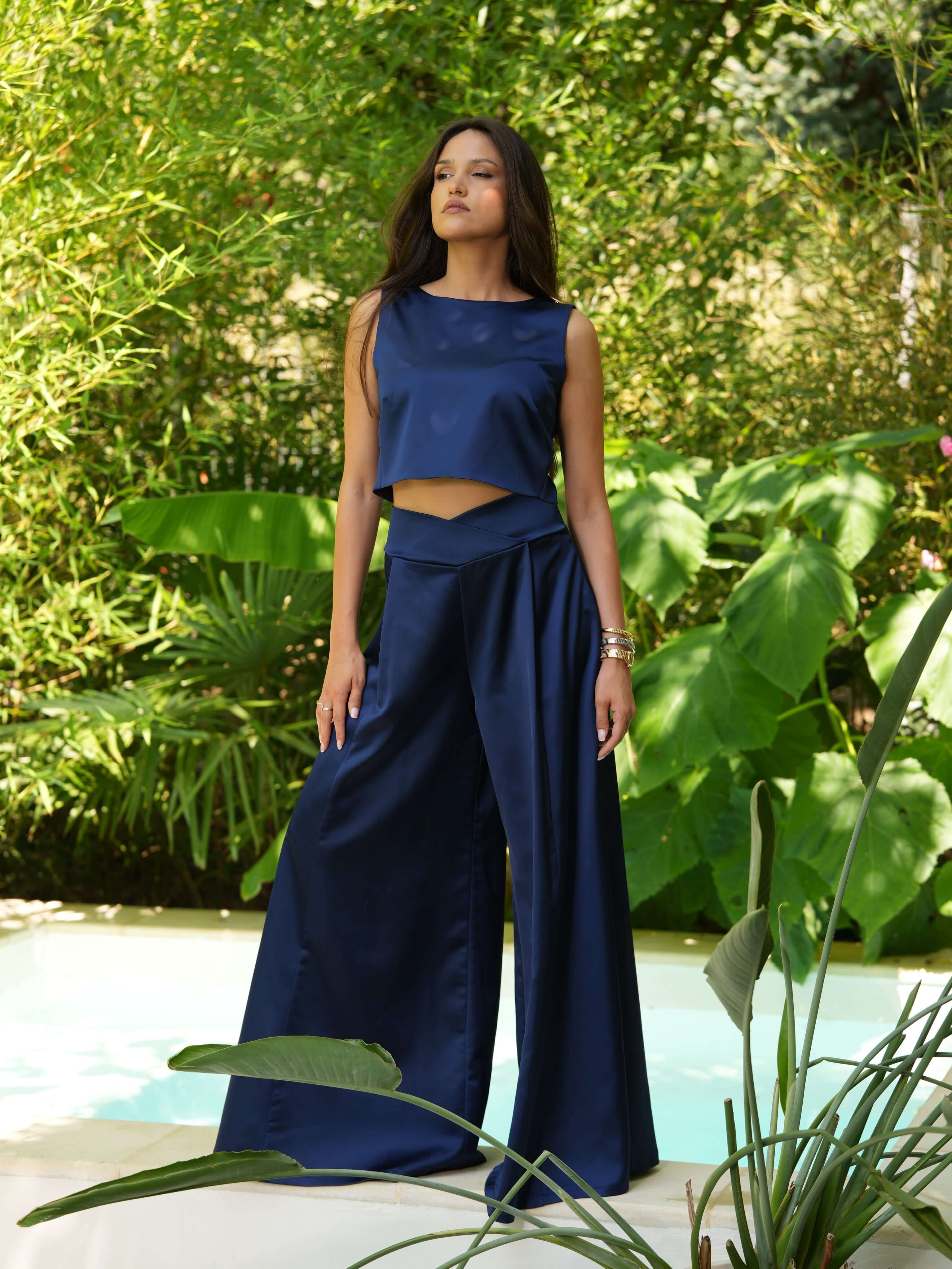 Satin Palazzo Pants, Lagoon, Blue