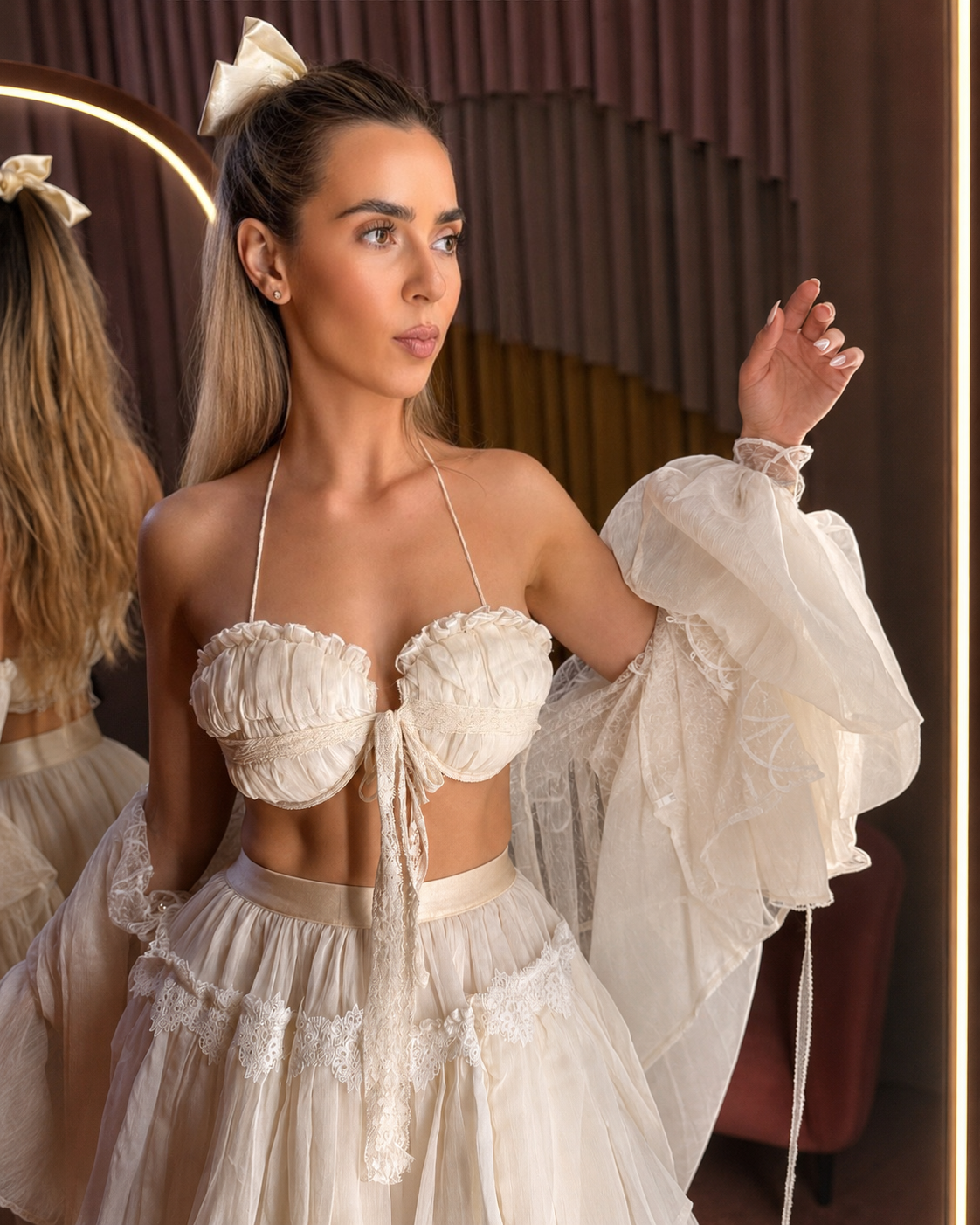 Set Ivory – Cămașă cu Mâneci Ample și Fustă Pantalon, Celestine