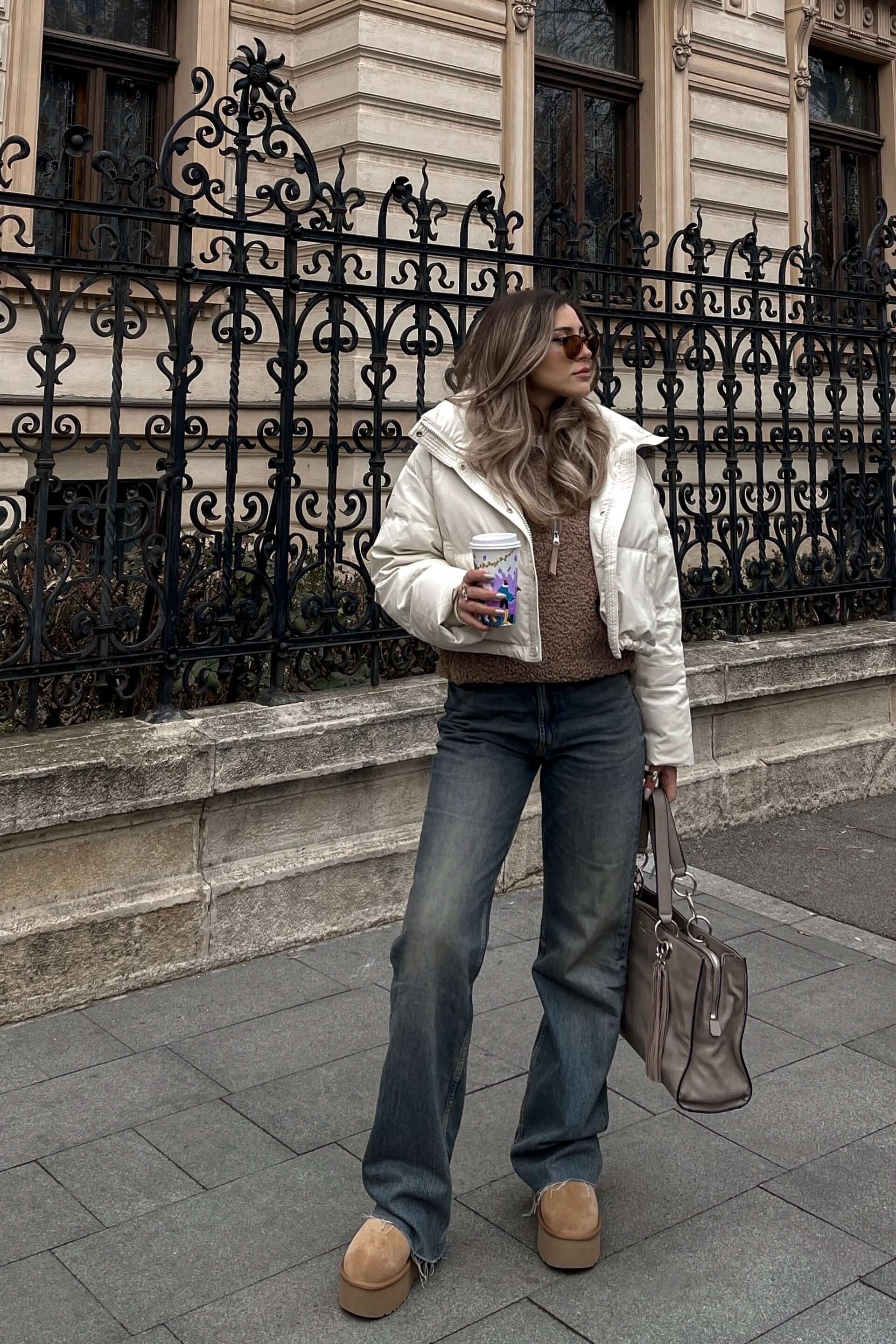 Geaca Puffer Oversized cu Guler Inalt, Bej, Milky Way