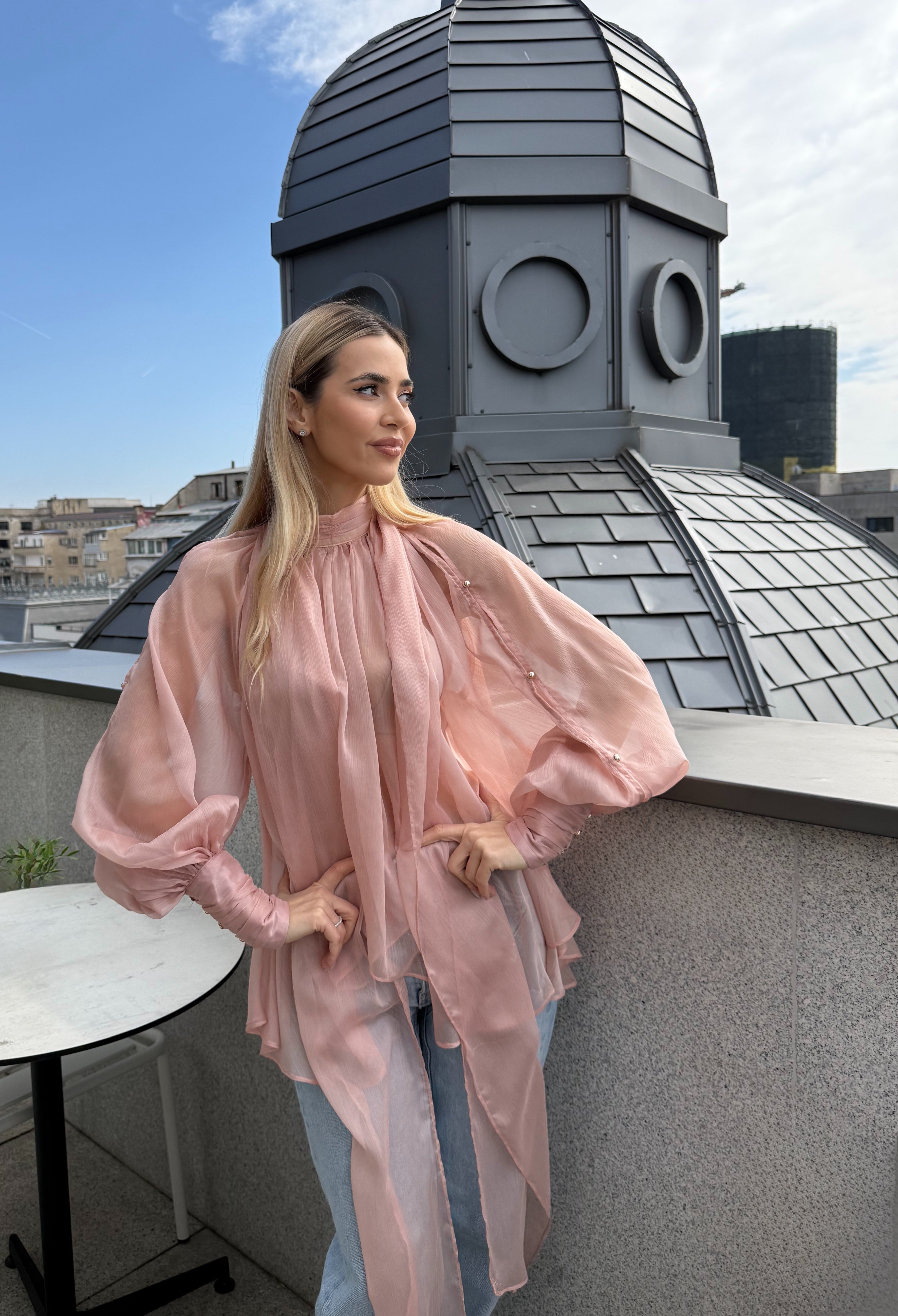 Bluză roz pudrat din voal și mâneci ample, Angeline Pink Powder