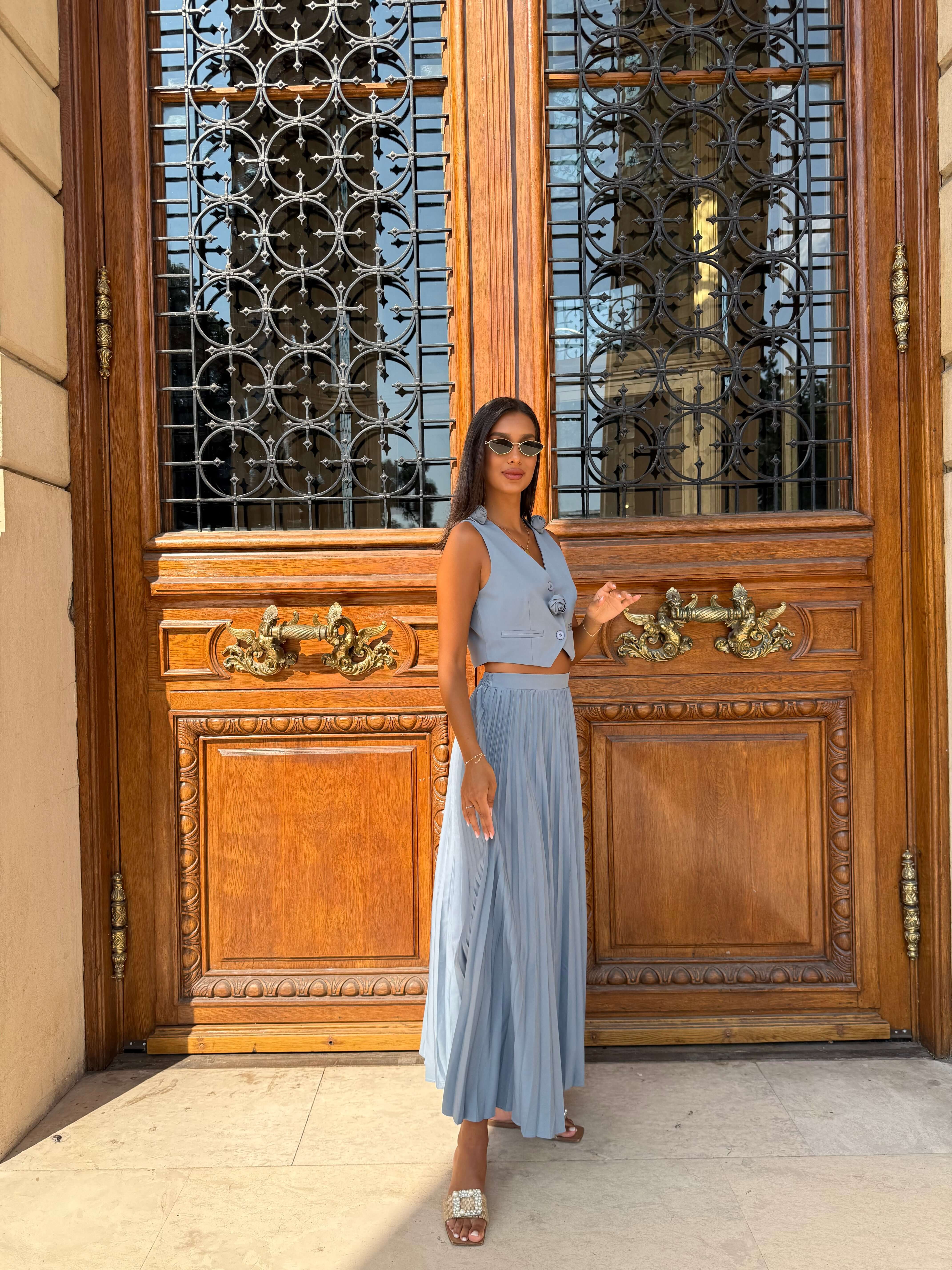 Set cu Vesta si Fusta Plisata, Albastru, Muse