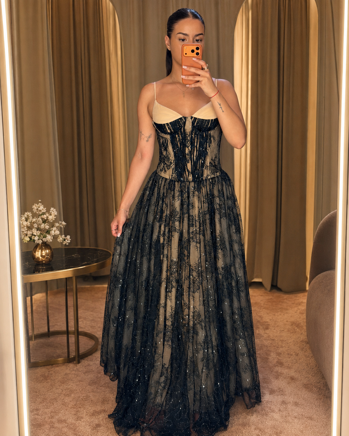 Rochie midi elegantă din dantelă, cu bust tip corset, bretele fine și fustă amplă, Aveline Noire