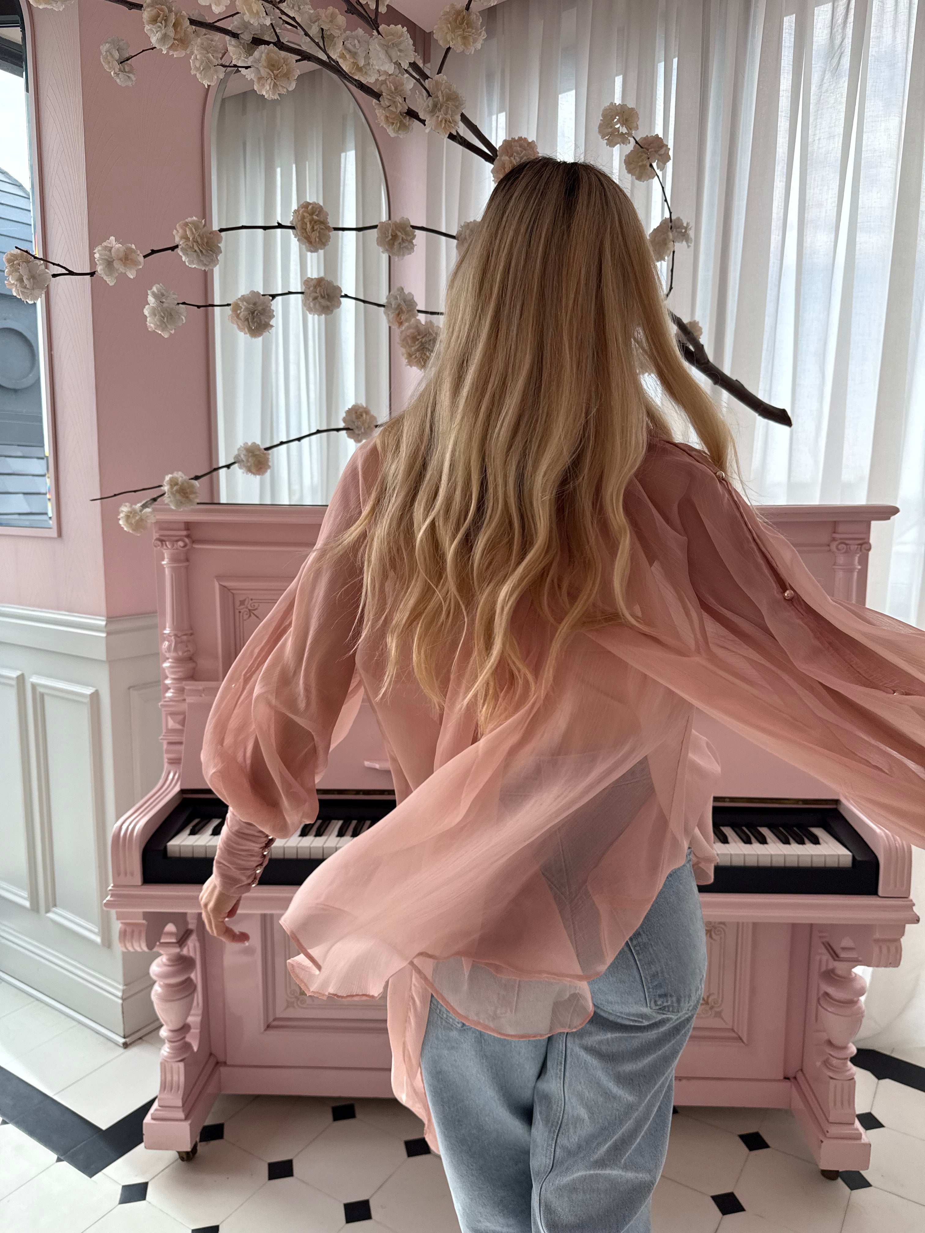 Bluză roz pudrat din voal și mâneci ample, Angeline Pink Powder