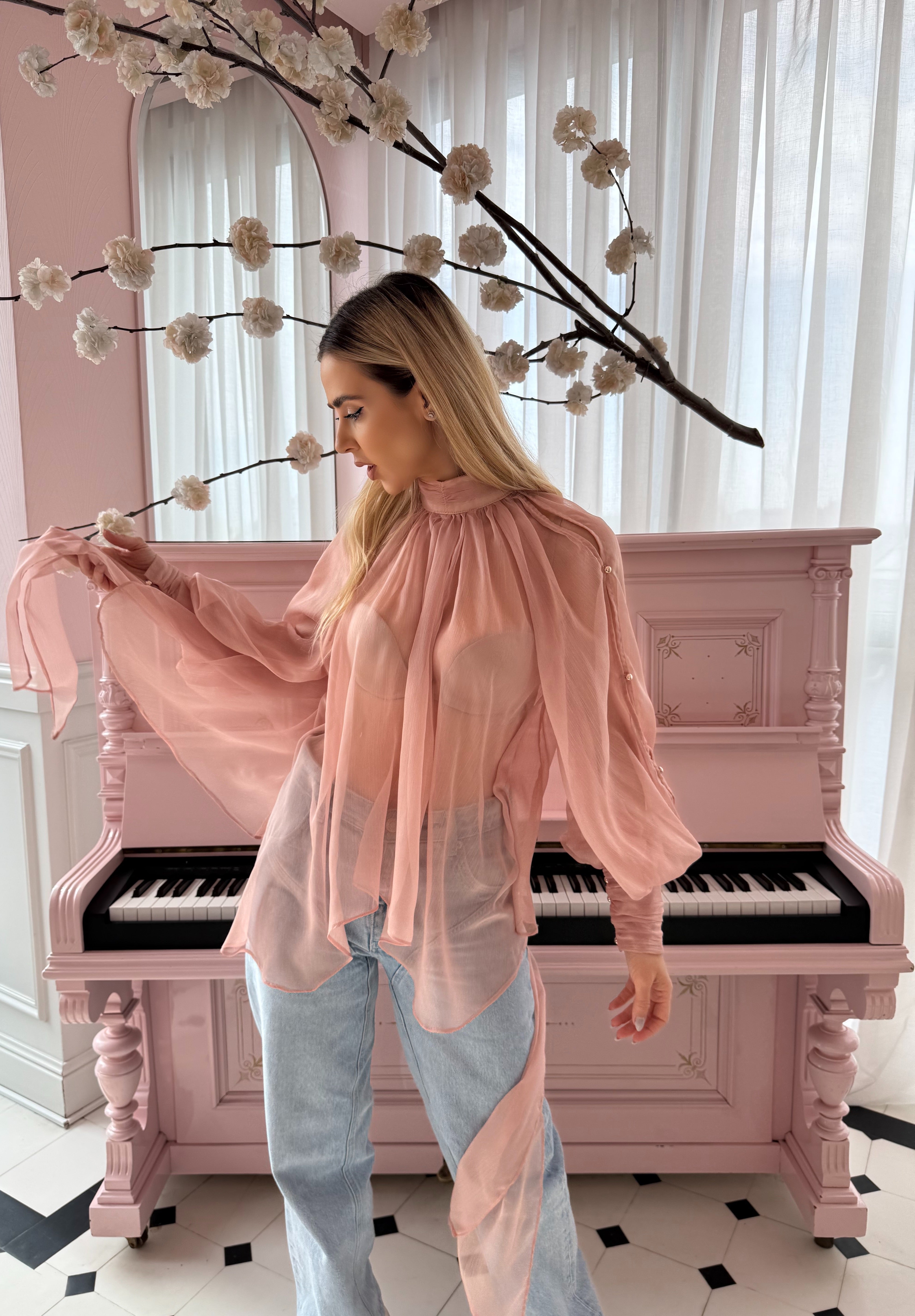 Bluză roz pudrat din voal și mâneci ample, Angeline Pink Powder