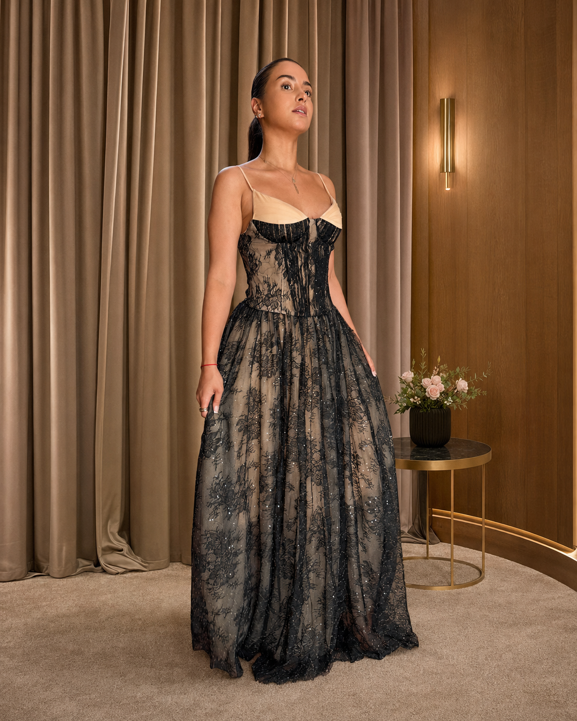 Rochie midi elegantă din dantelă, cu bust tip corset, bretele fine și fustă amplă, Aveline Noire