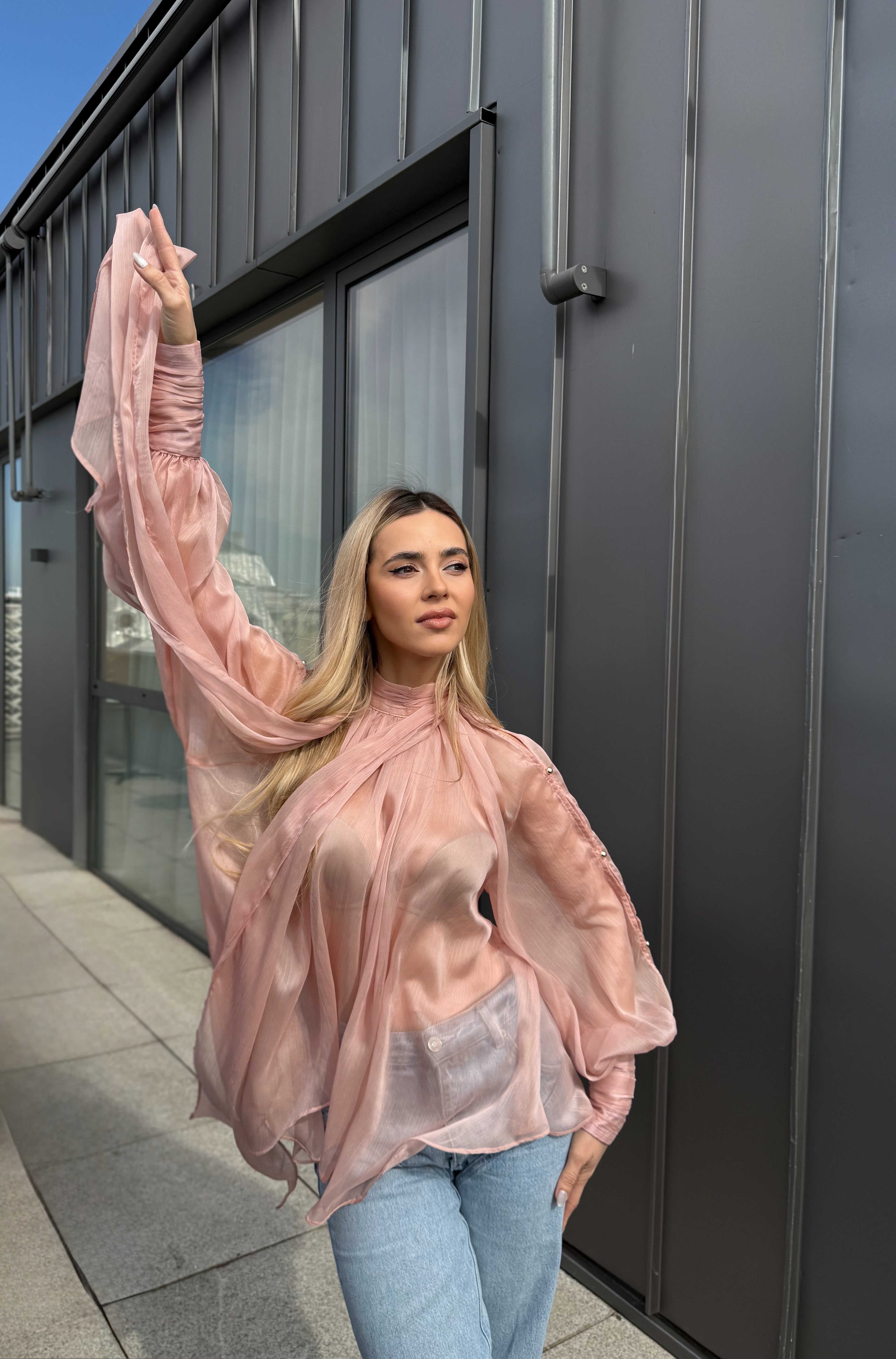 Bluză roz pudrat din voal și mâneci ample, Angeline Pink Powder