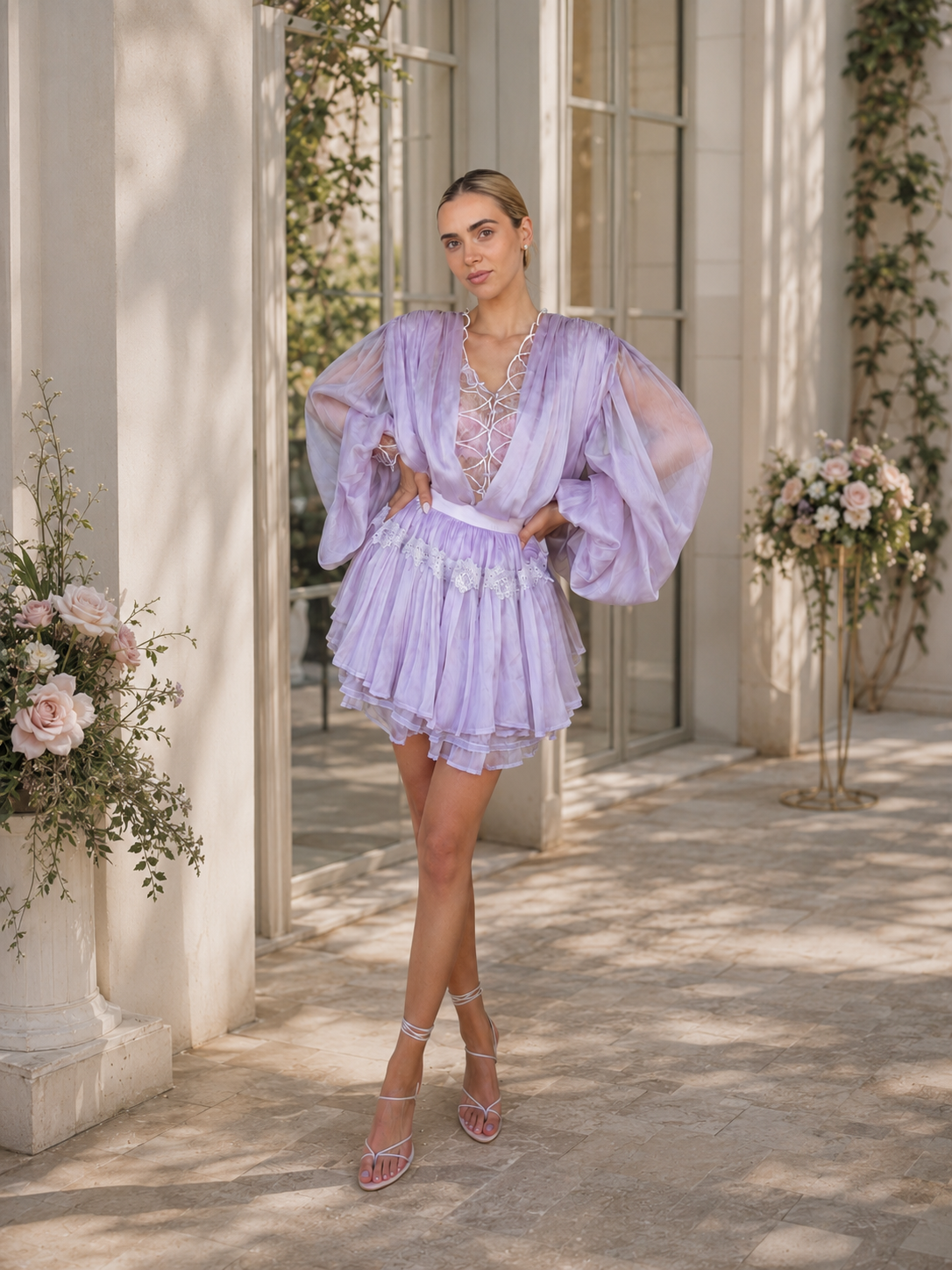 Set Lilac Mist – Cămașă cu Mâneci Ample și Fustă Pantalon, Celestine