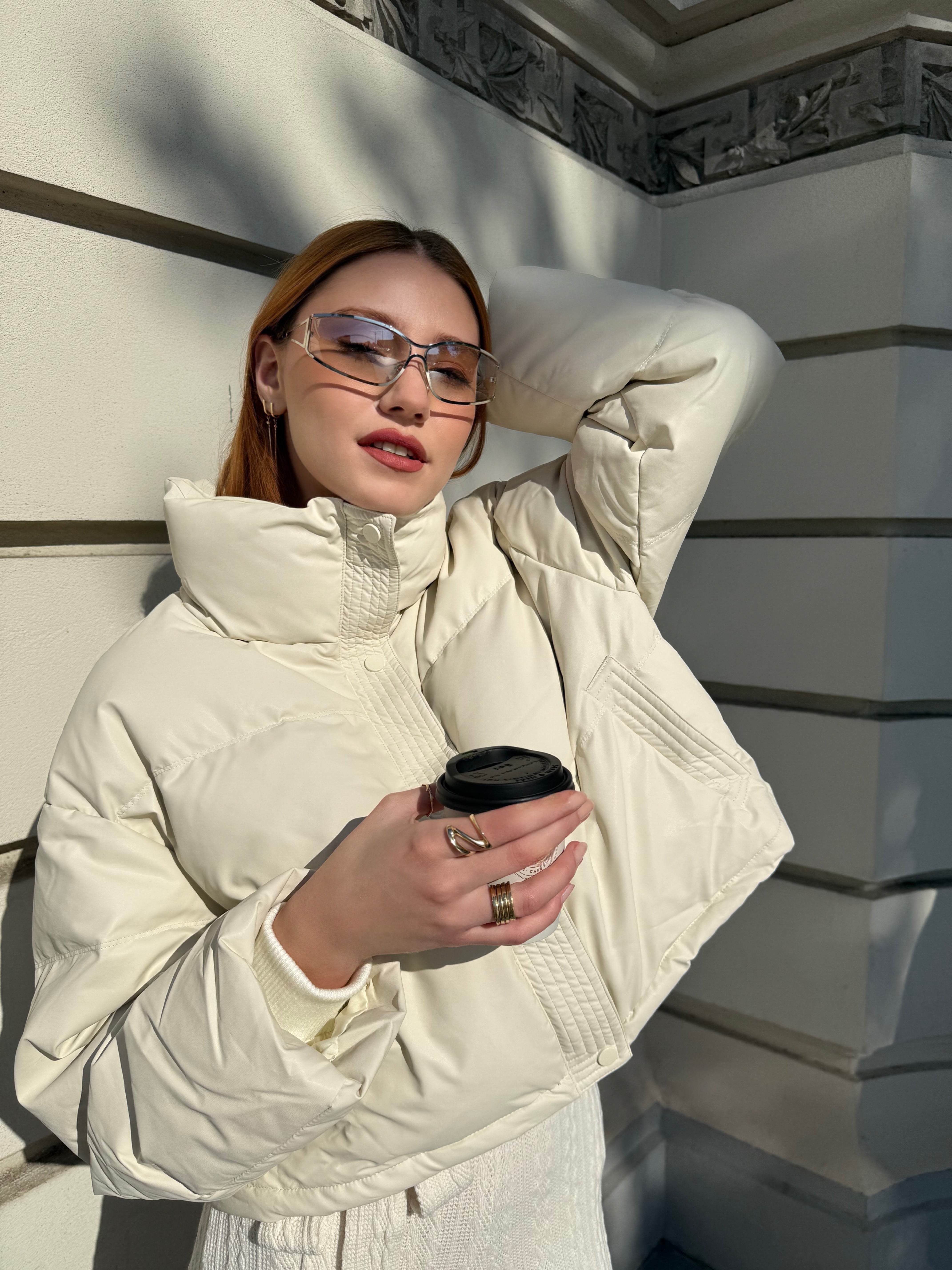 Geaca Puffer Oversized cu Guler Inalt, Bej, Milky Way