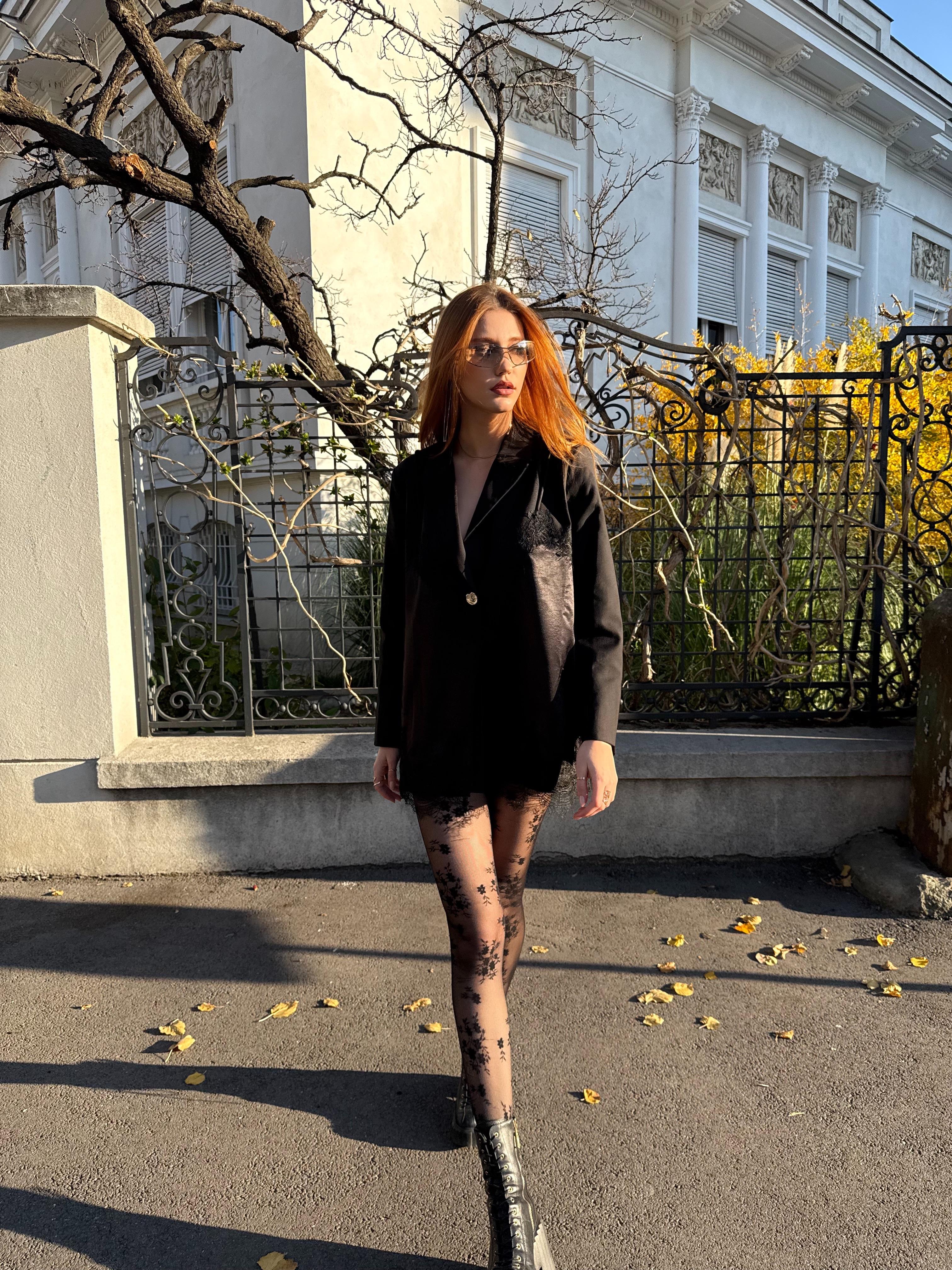 Blazer Sacou cu Dantela, Negru, Anouk