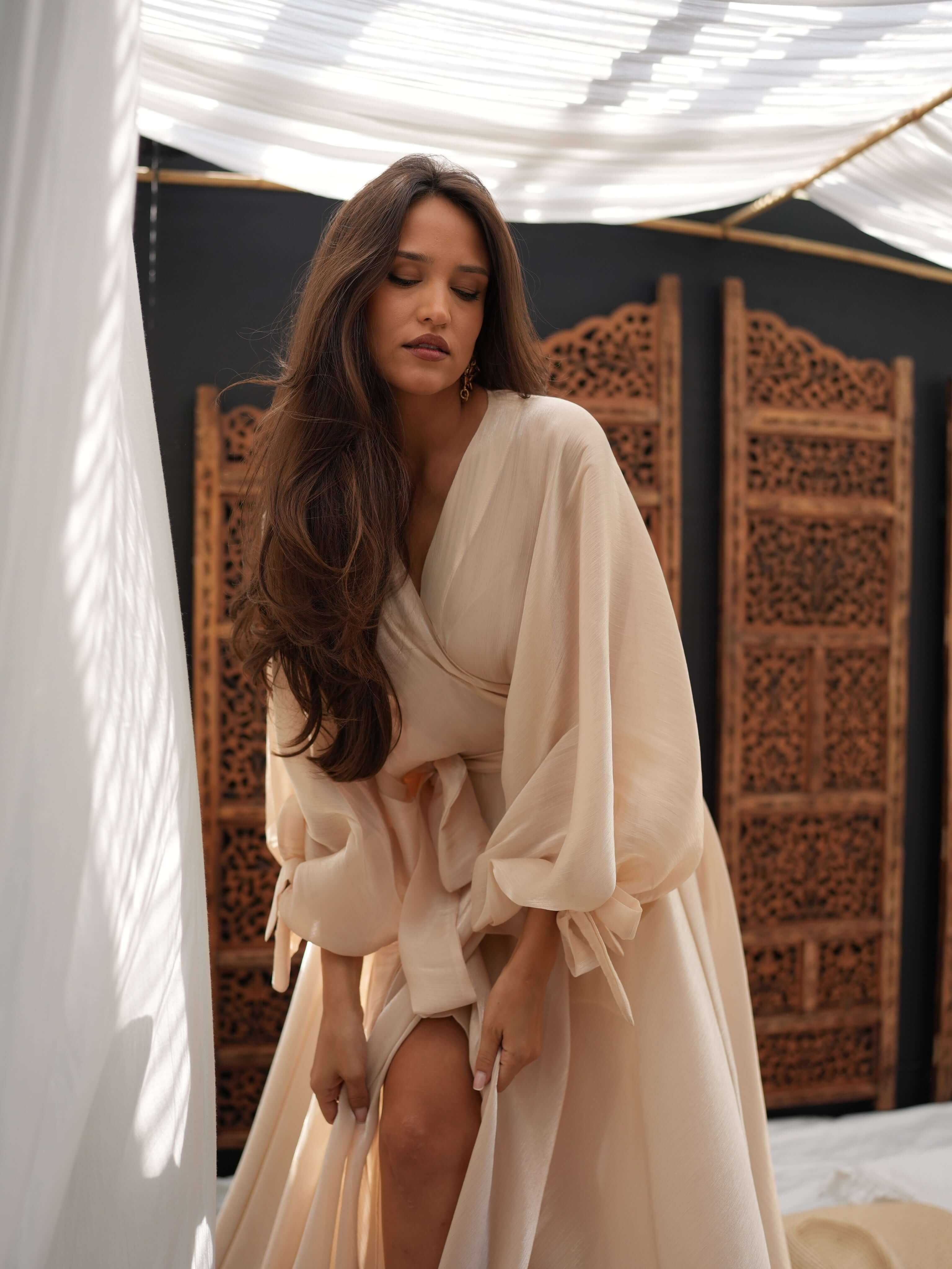 Rochie Maxi cu Volum, Bej, Golden Pearl