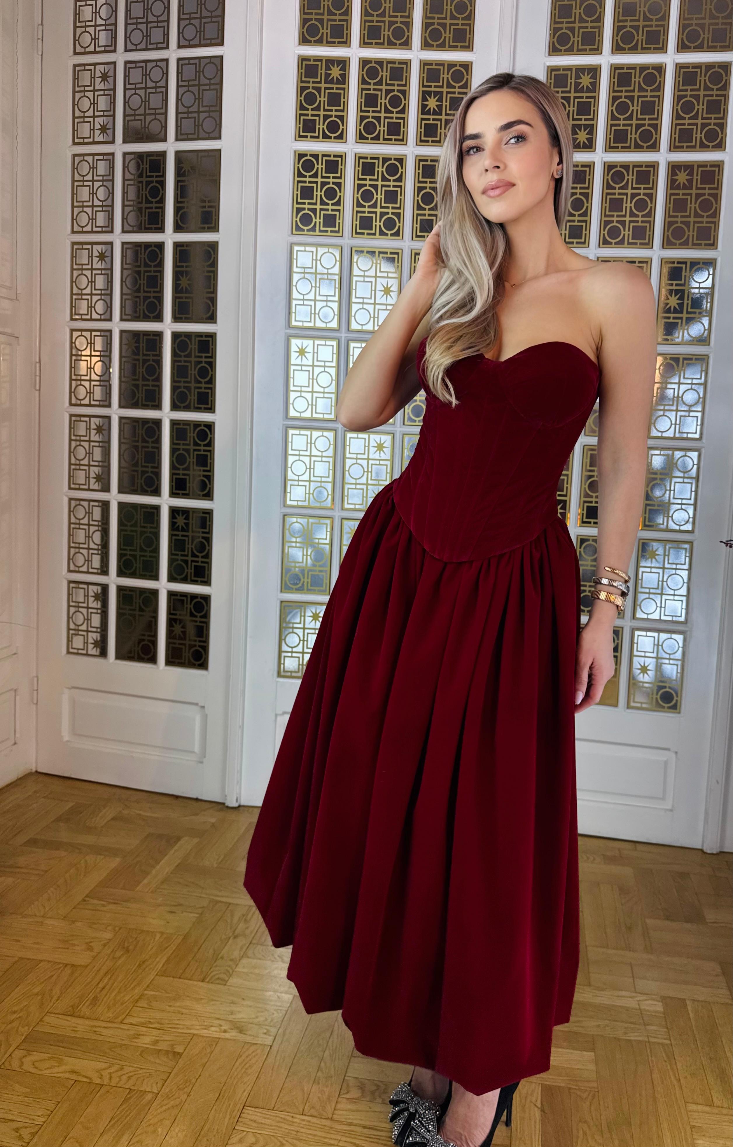 Fusta catifea tip balon midi, Veda, Burgundy