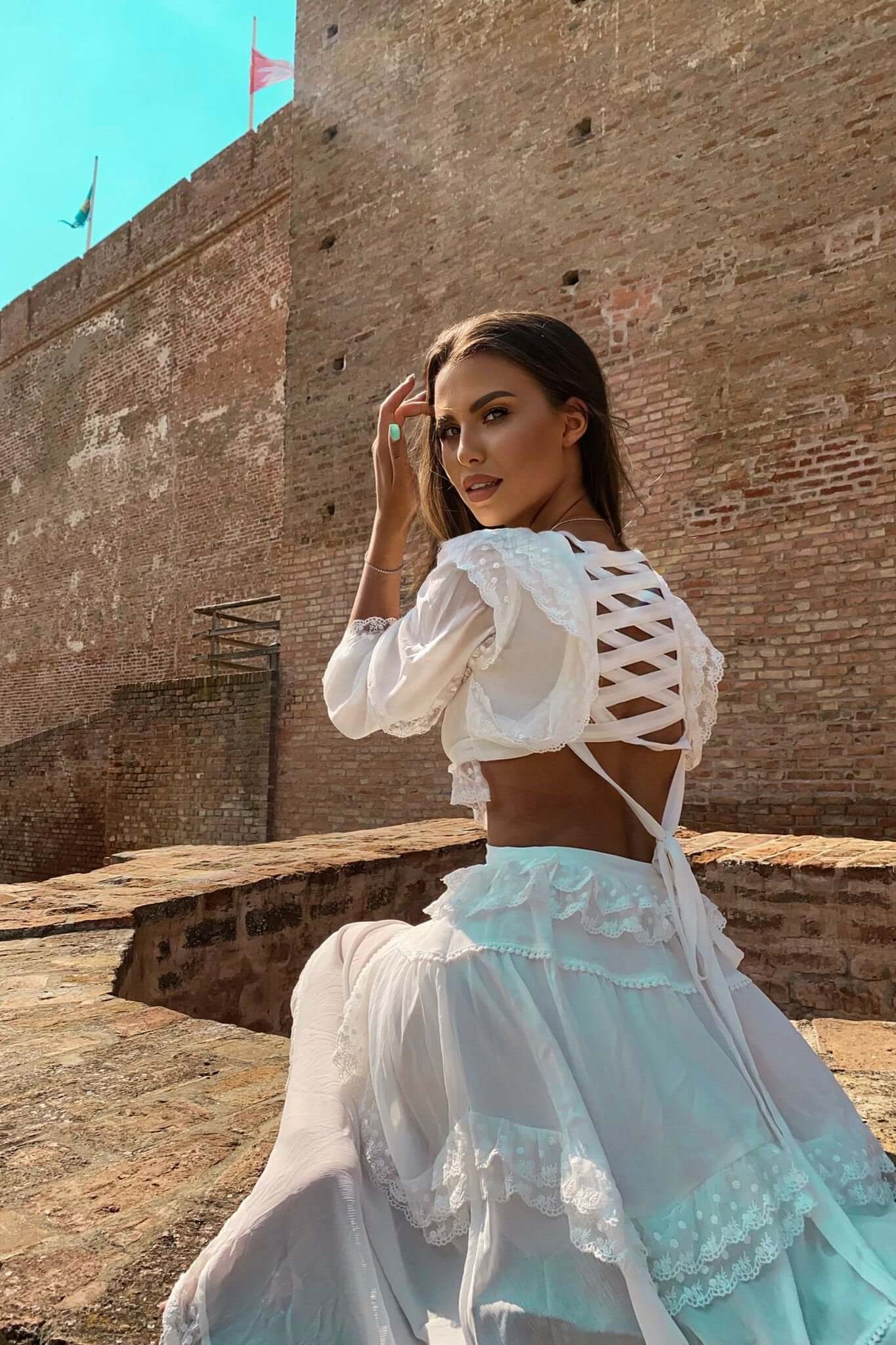 Rochie Midi Vaporoasa, Alba, Celeste