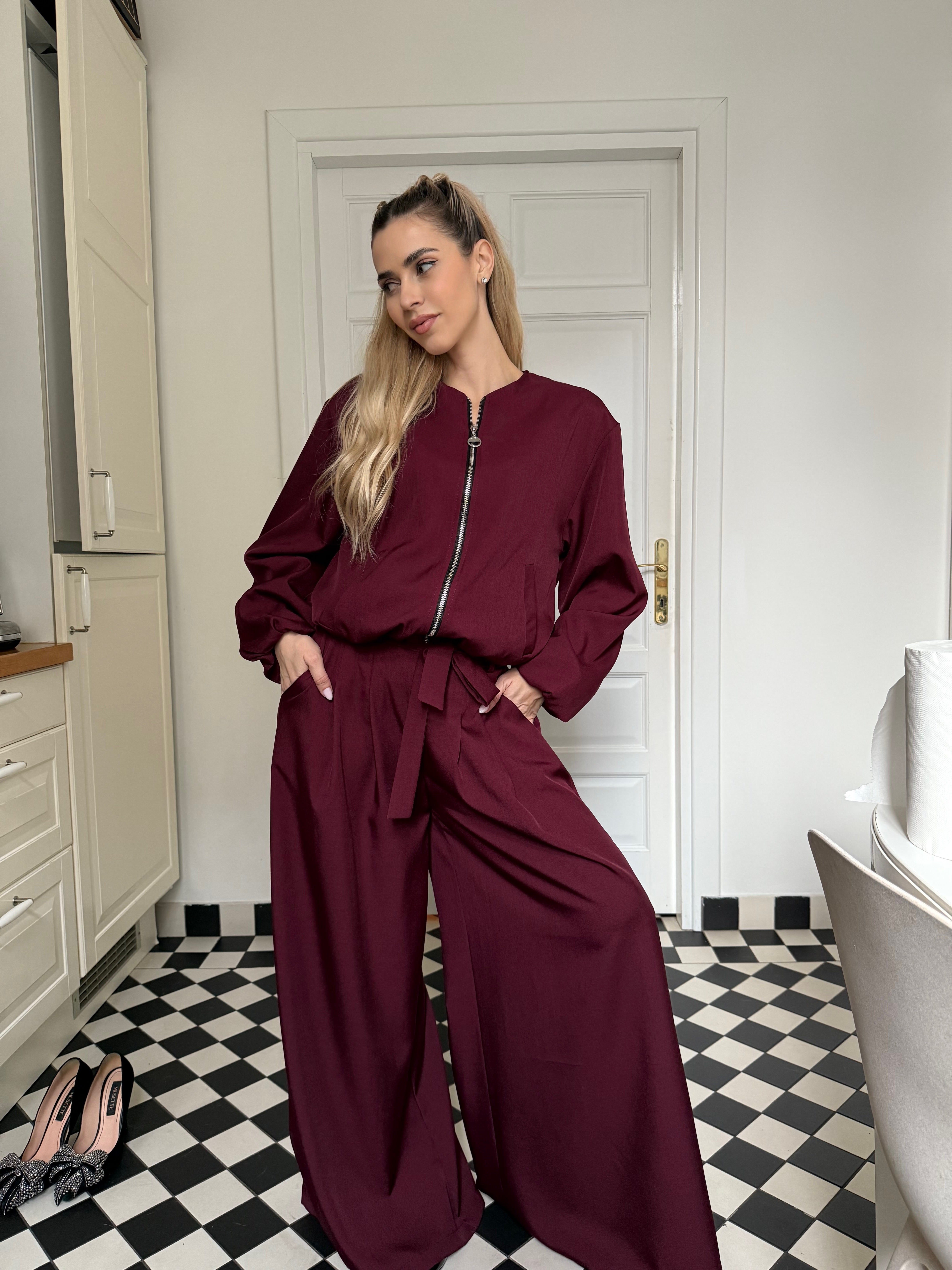 Elegant Women’s Set with Bomber Jacket and Palazzo Pants, Brown Chocolate