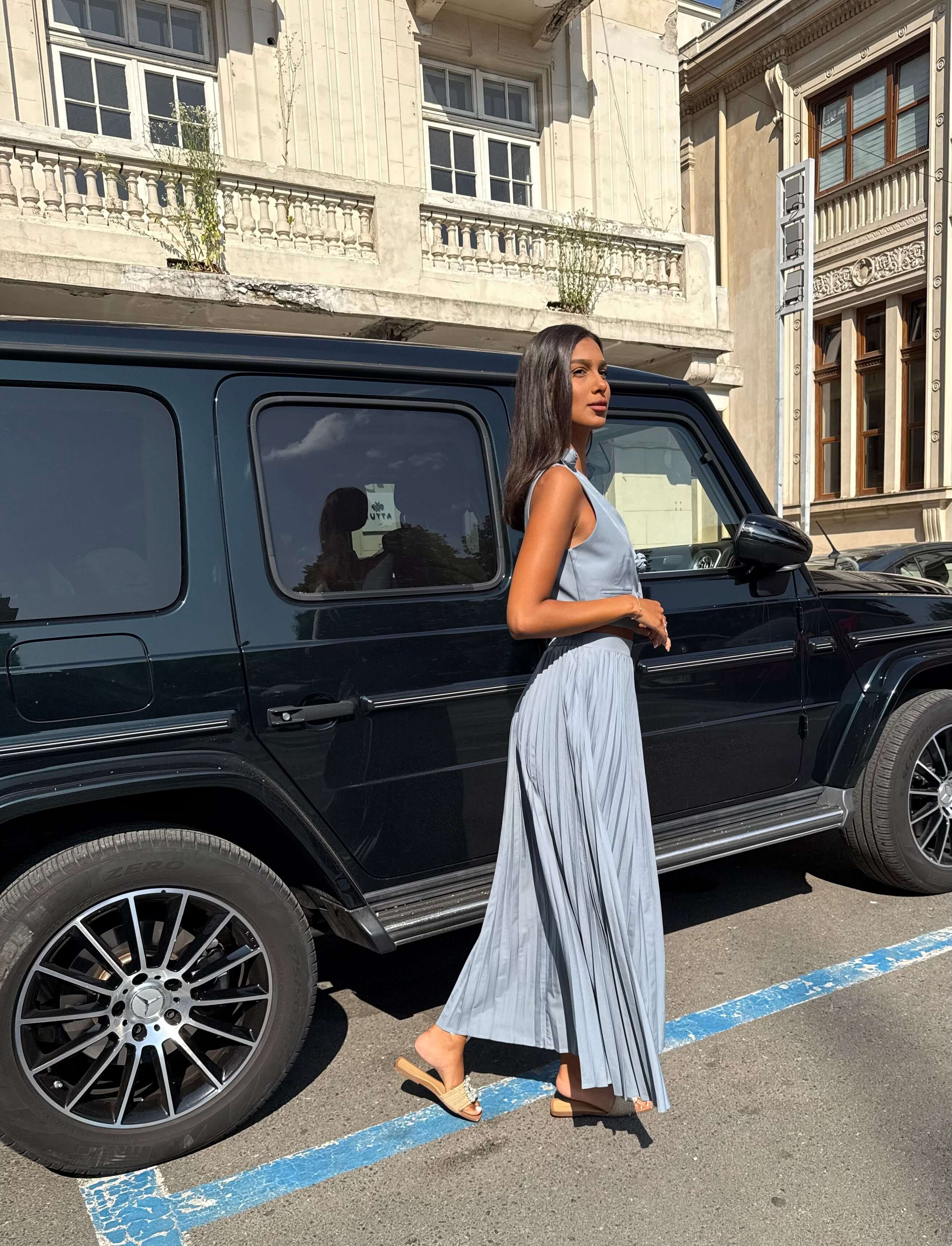 Set cu Vesta si Fusta Plisata, Albastru, Muse