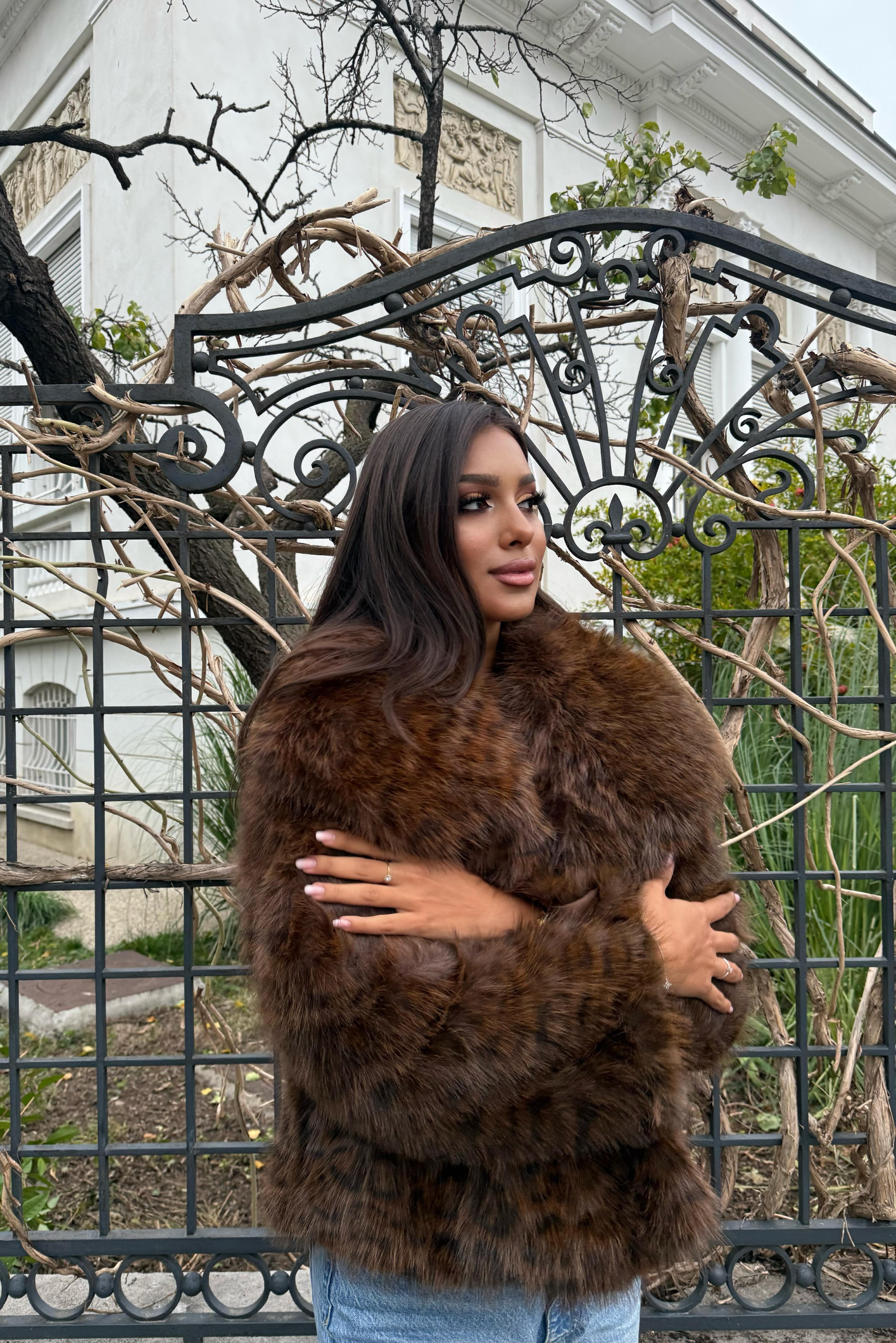 Faux Fur Coat, Animal Print - Noisette