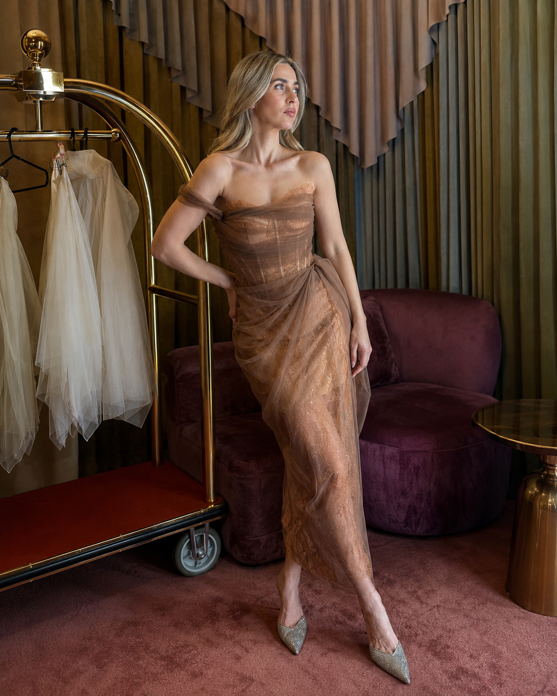 Rochie din tulle maro cu corset Cocoa Powder