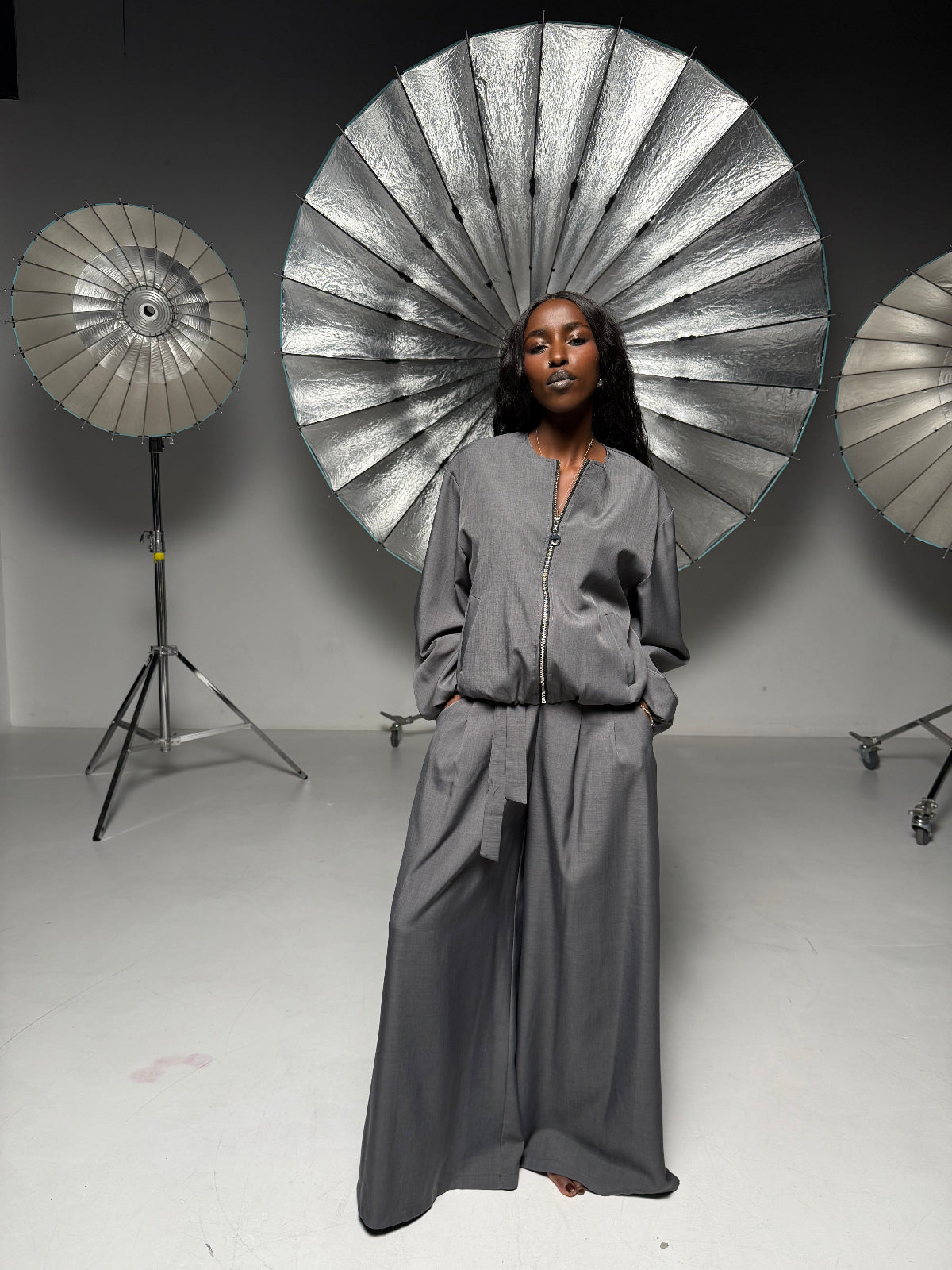 Elegant Women’s Set with Bomber Jacket and Palazzo Pants, Brown Chocolate