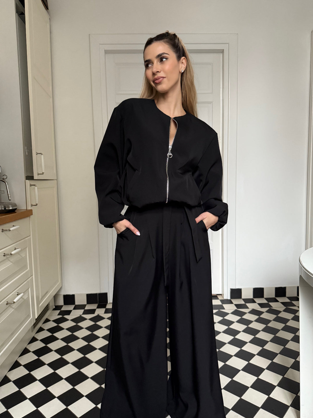 Elegant Women’s Set with Bomber Jacket and Palazzo Pants, Brown Chocolate