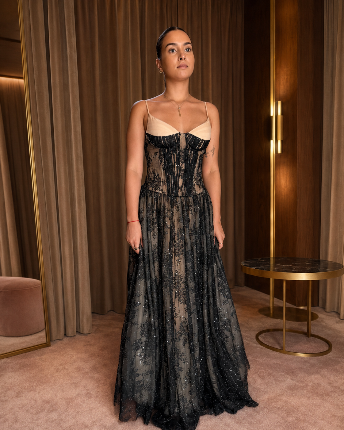 Rochie midi elegantă din dantelă, cu bust tip corset, bretele fine și fustă amplă, Aveline Noire
