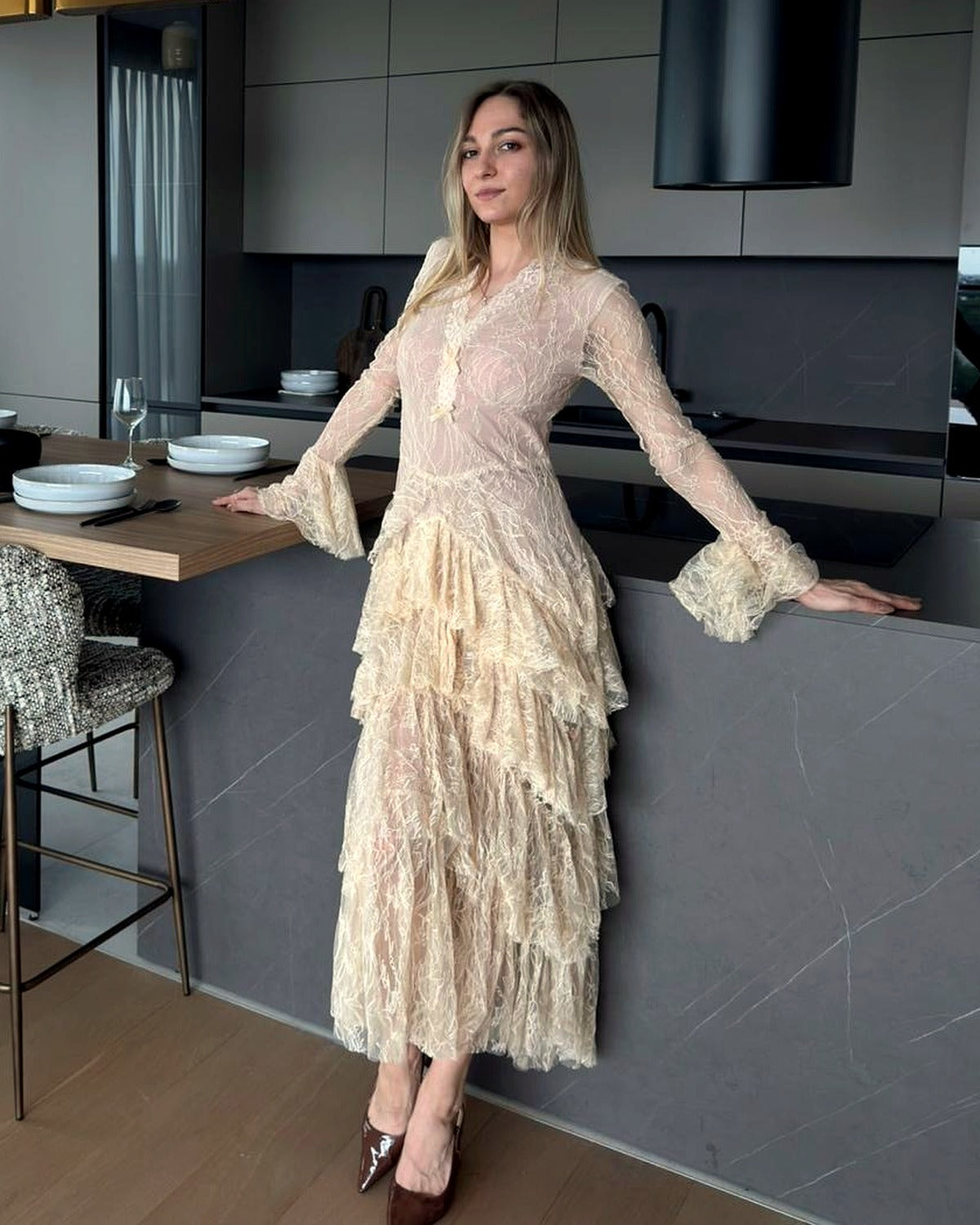 Rochie butter champagne din dantelă, Aurélie