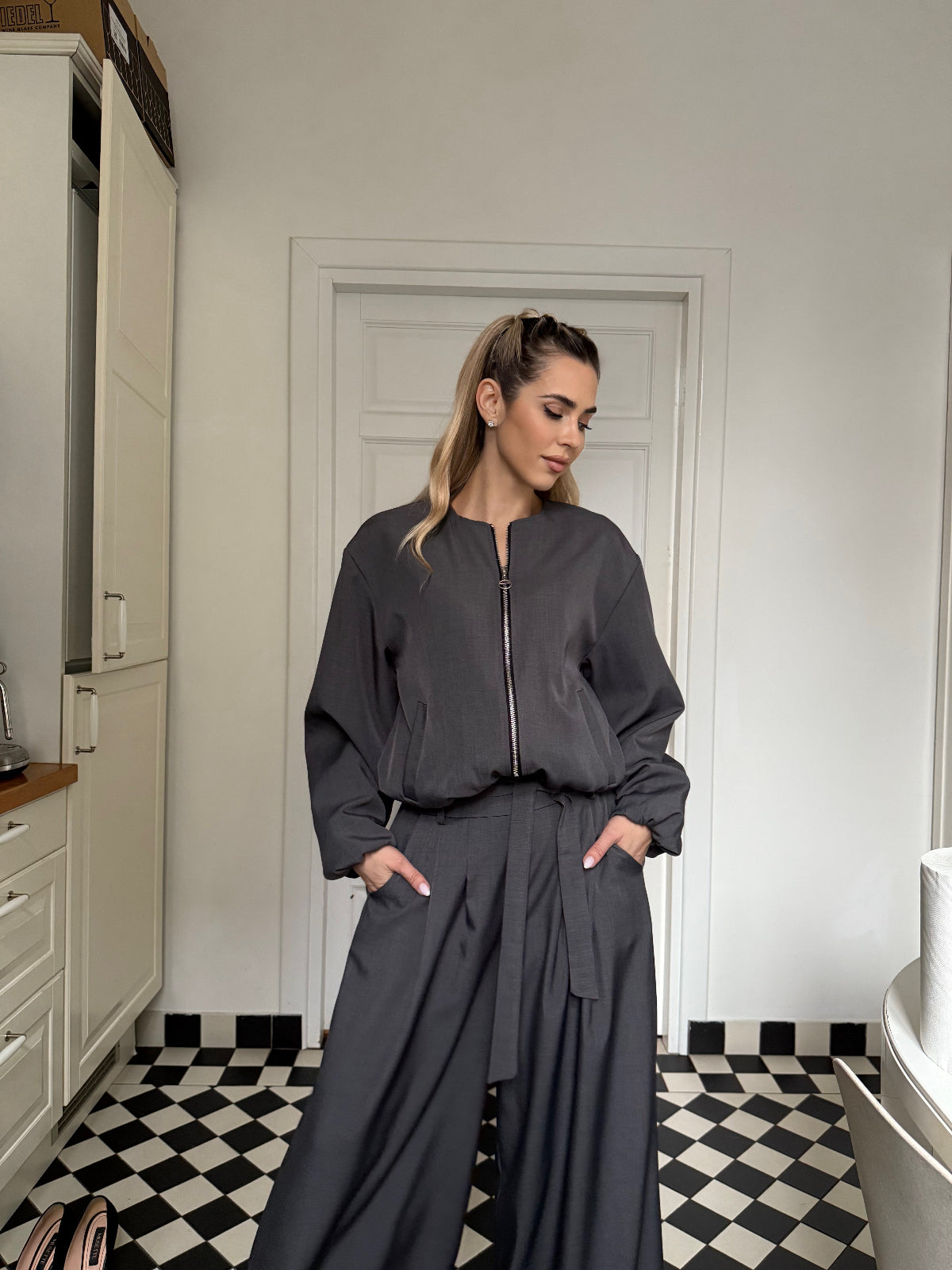 Elegant Women’s Set with Bomber Jacket and Palazzo Pants, Brown Chocolate