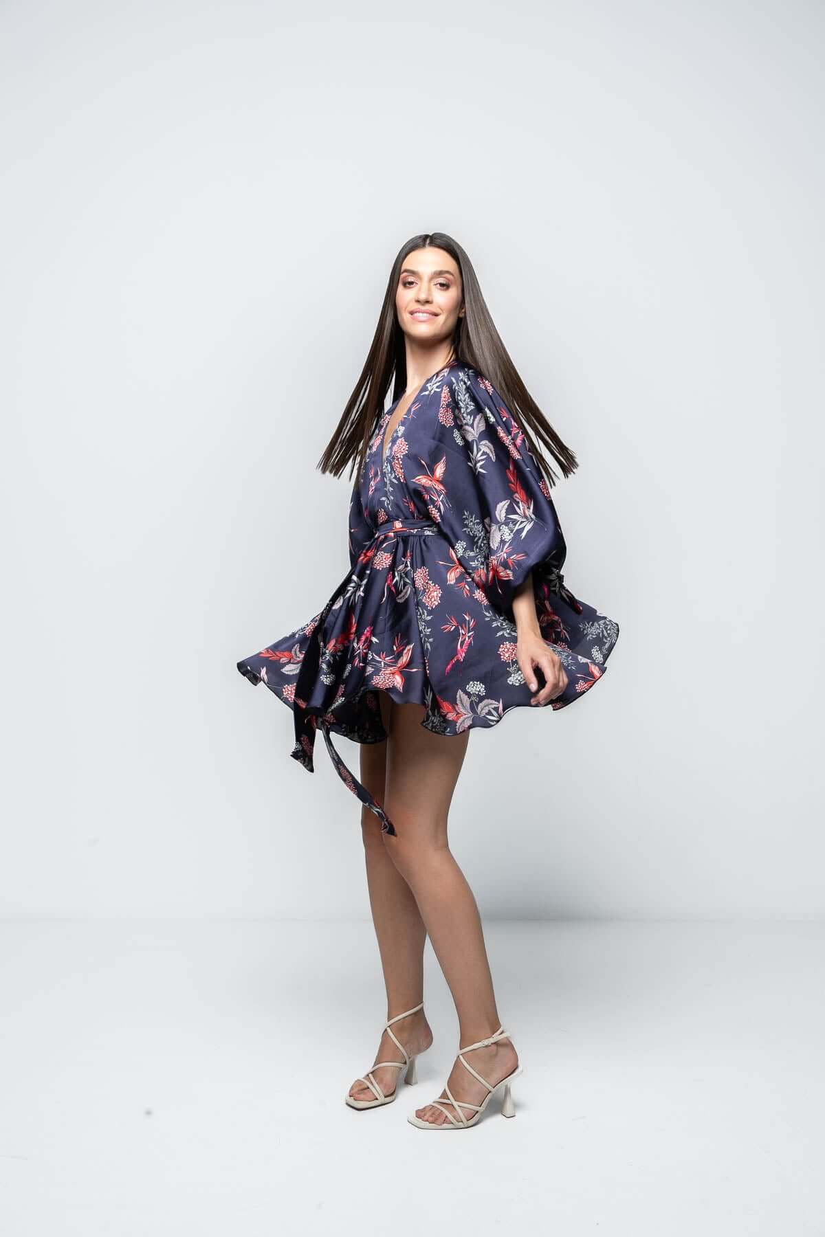 rochie scurta bleumarin cu flori