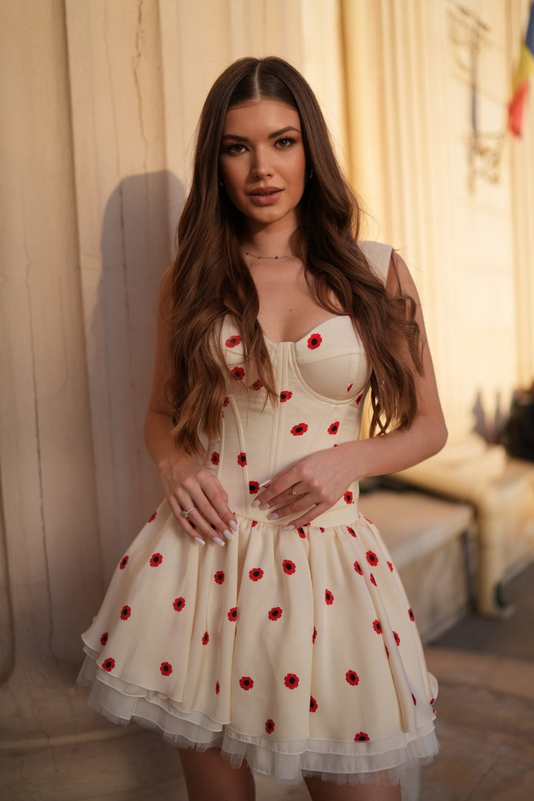 Corset cupe, ivory, imprimeu floral, Marguerite