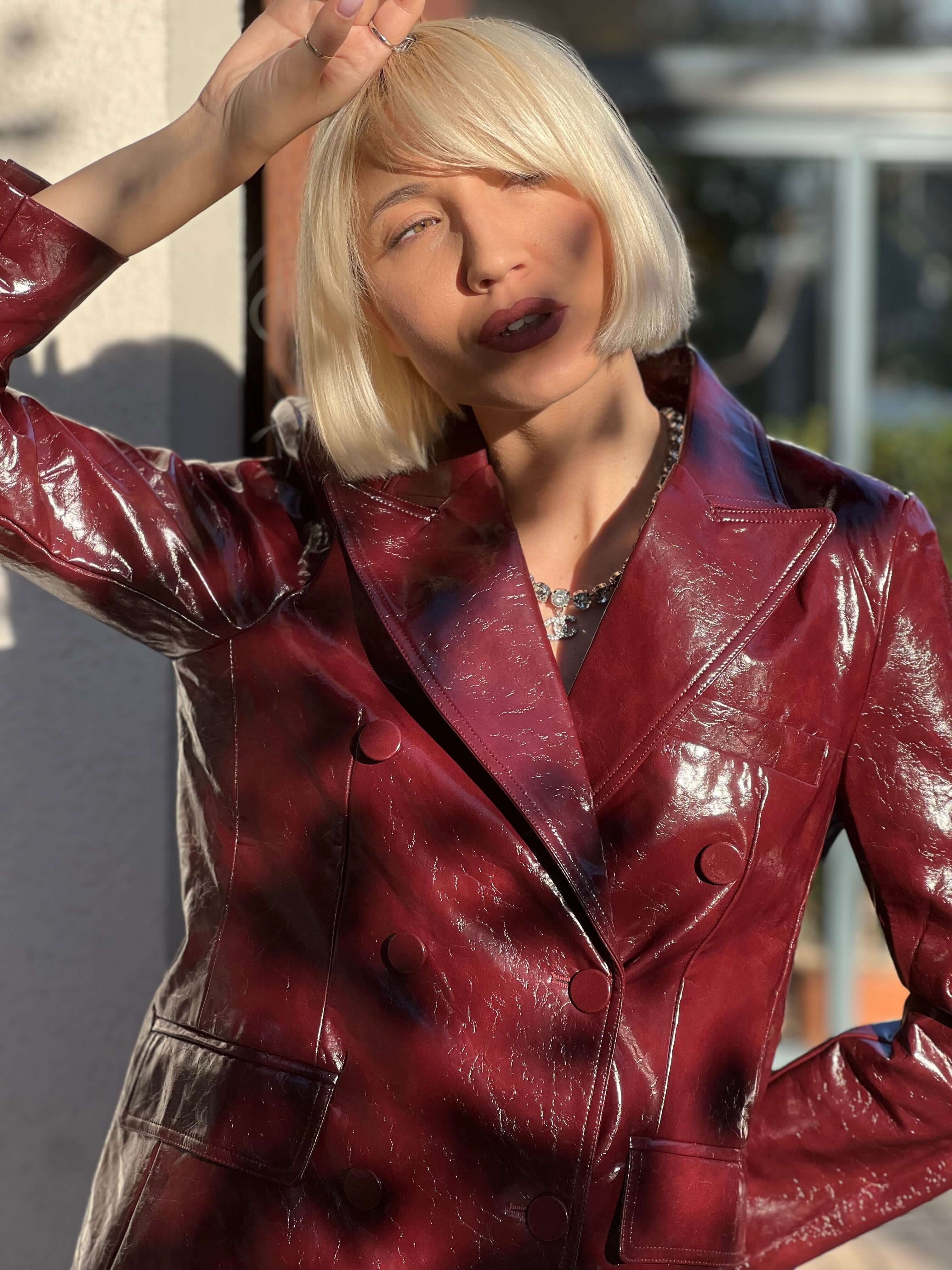 Shiny Blazer-Style Jacket, Ox Blood, Burgundy