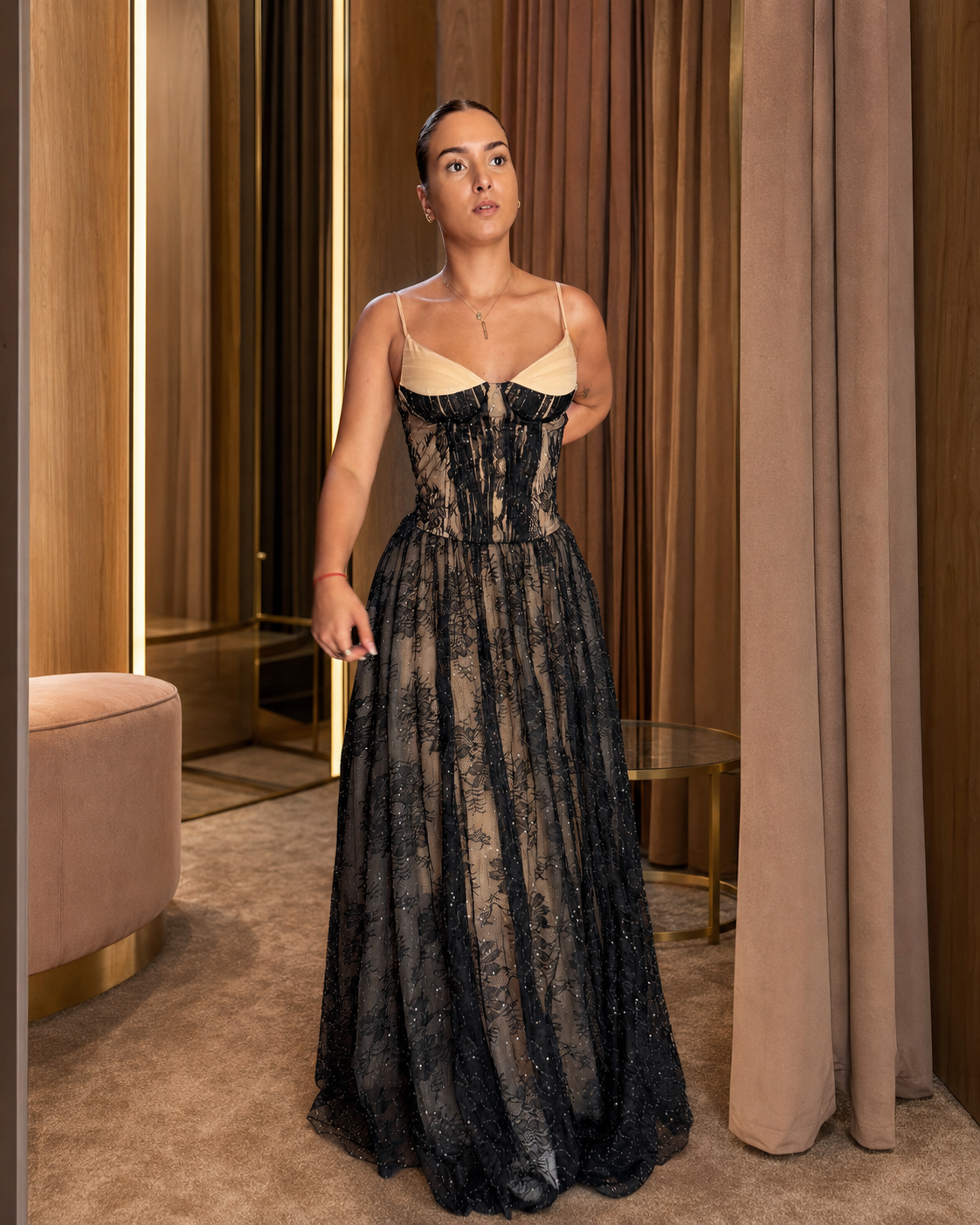 Rochie midi elegantă din dantelă, cu bust tip corset, bretele fine și fustă amplă, Aveline Noire