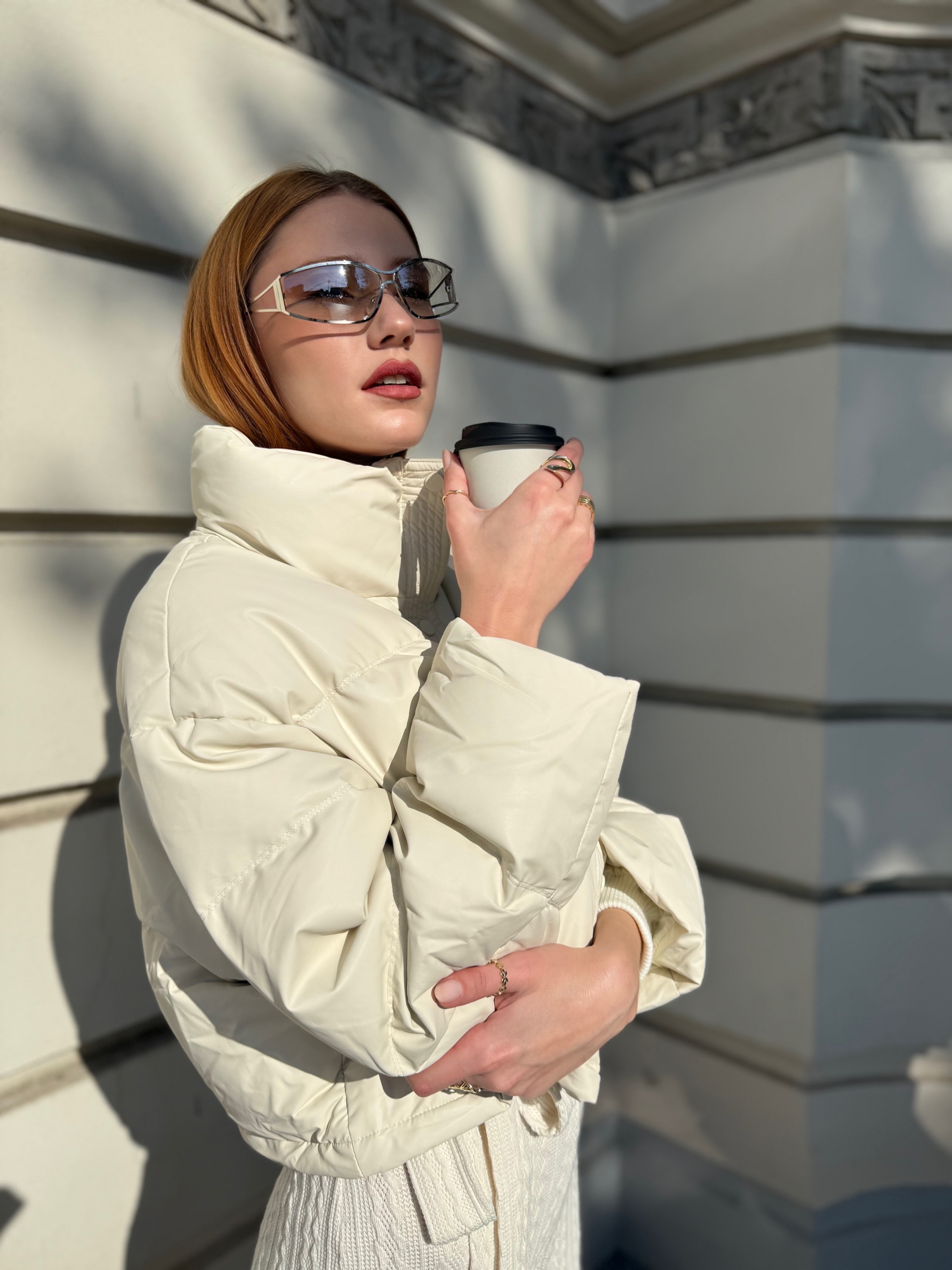 Geaca Puffer Oversized cu Guler Inalt, Bej, Milky Way