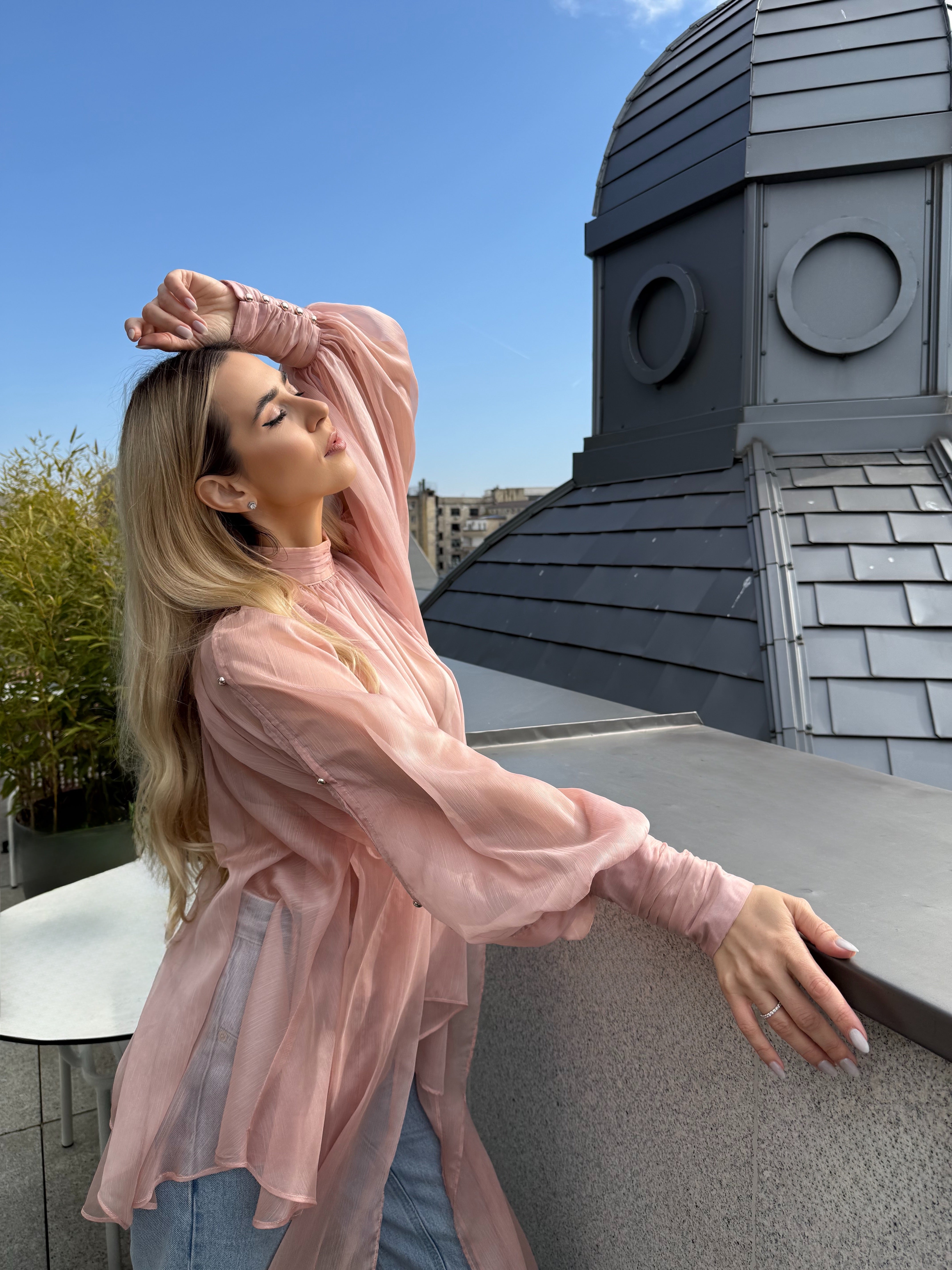 Bluză roz pudrat din voal și mâneci ample, Angeline Pink Powder