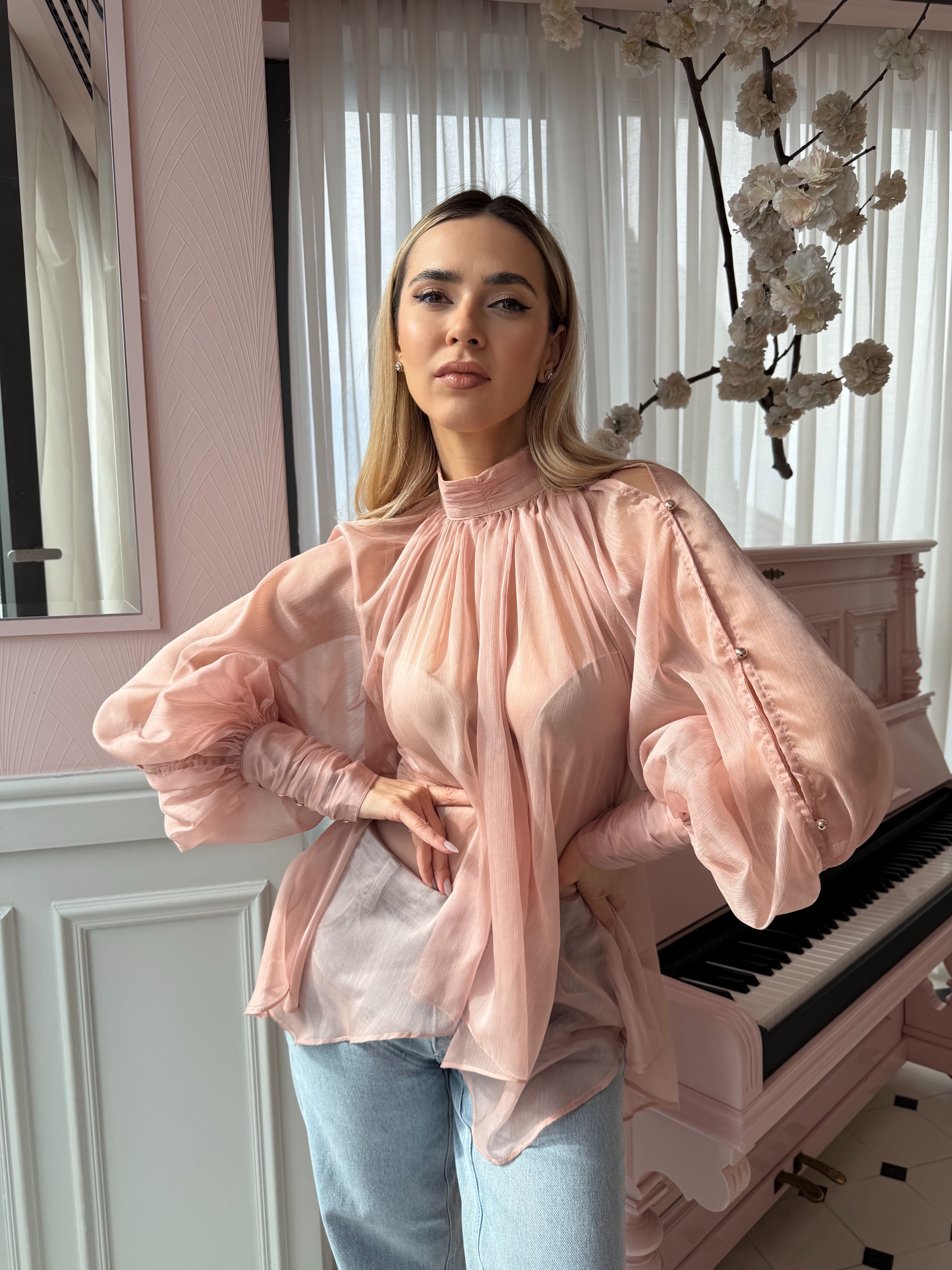 Bluză roz pudrat din voal și mâneci ample, Angeline Pink Powder