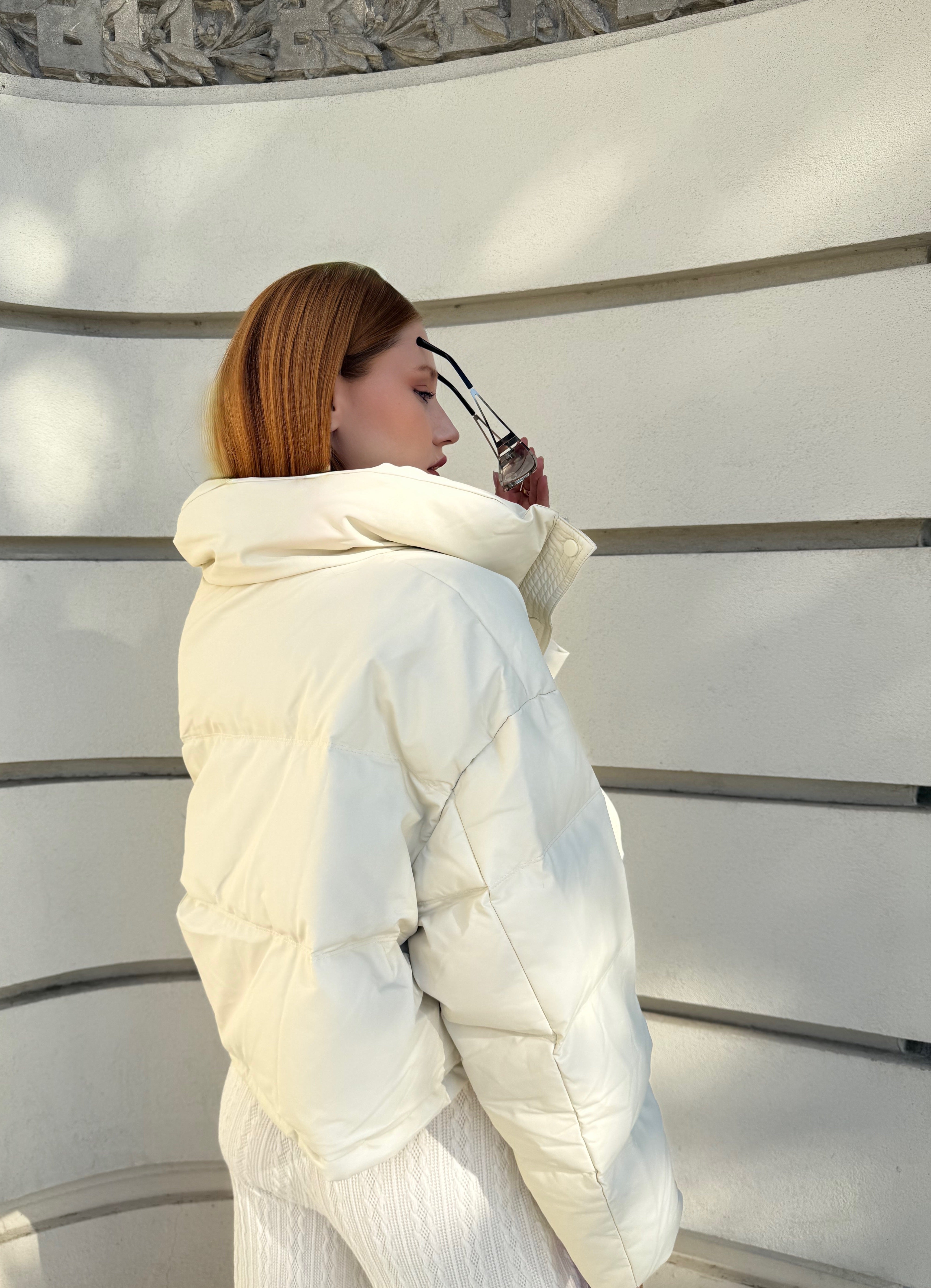 Geaca Puffer Oversized cu Guler Inalt, Bej, Milky Way