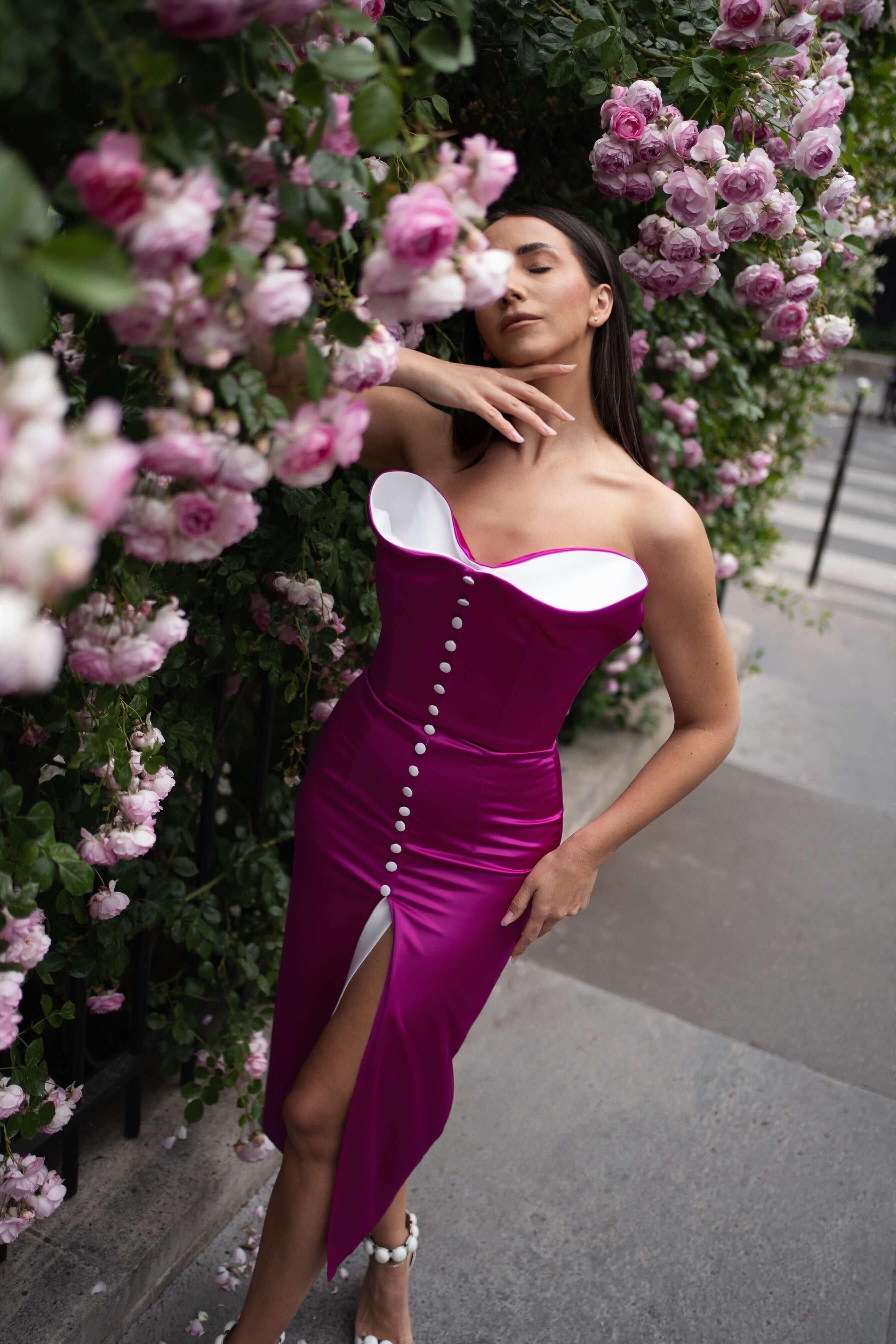 Satin Midi Dress, Velma, Fuchsia