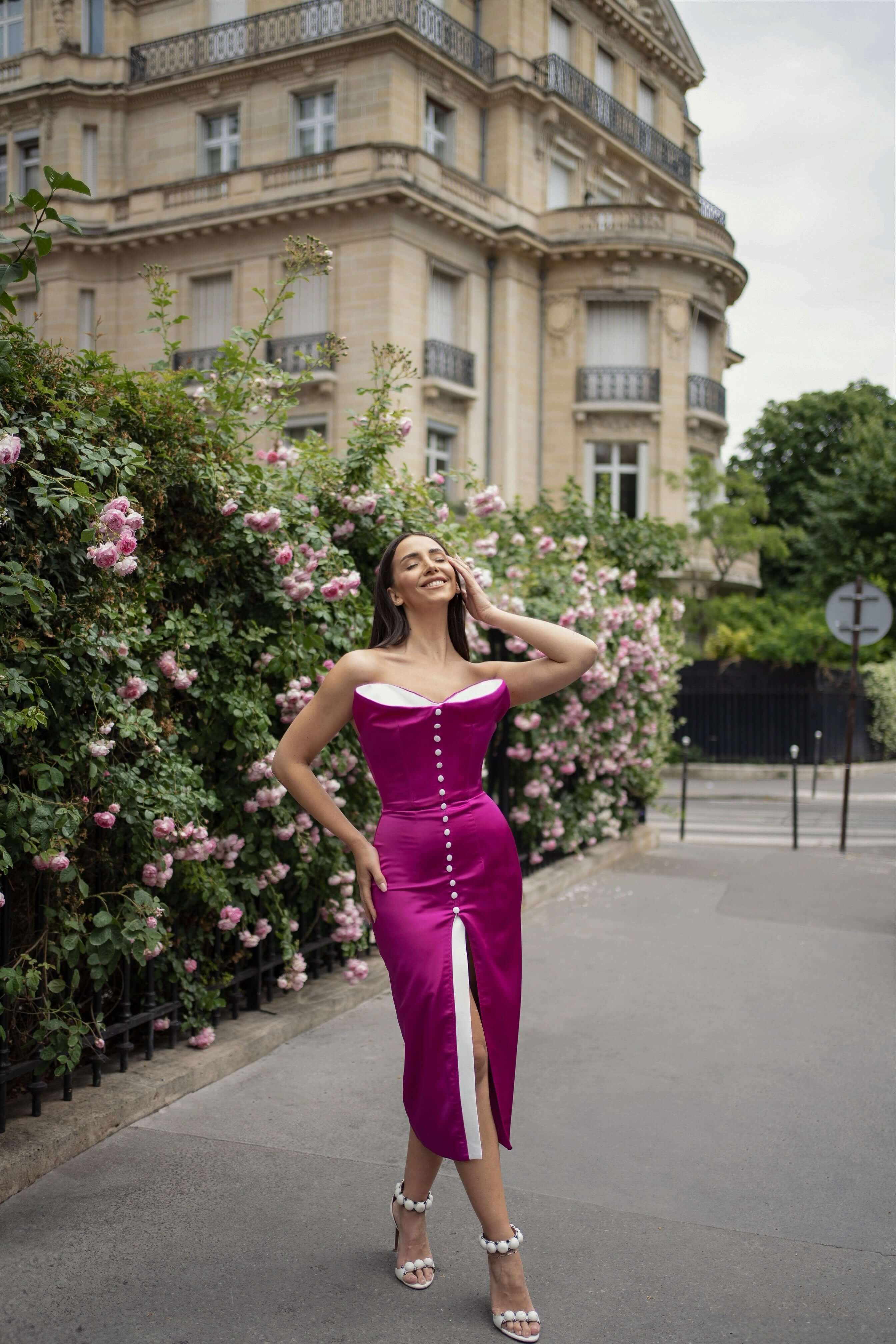 Satin Midi Dress, Velma, Fuchsia
