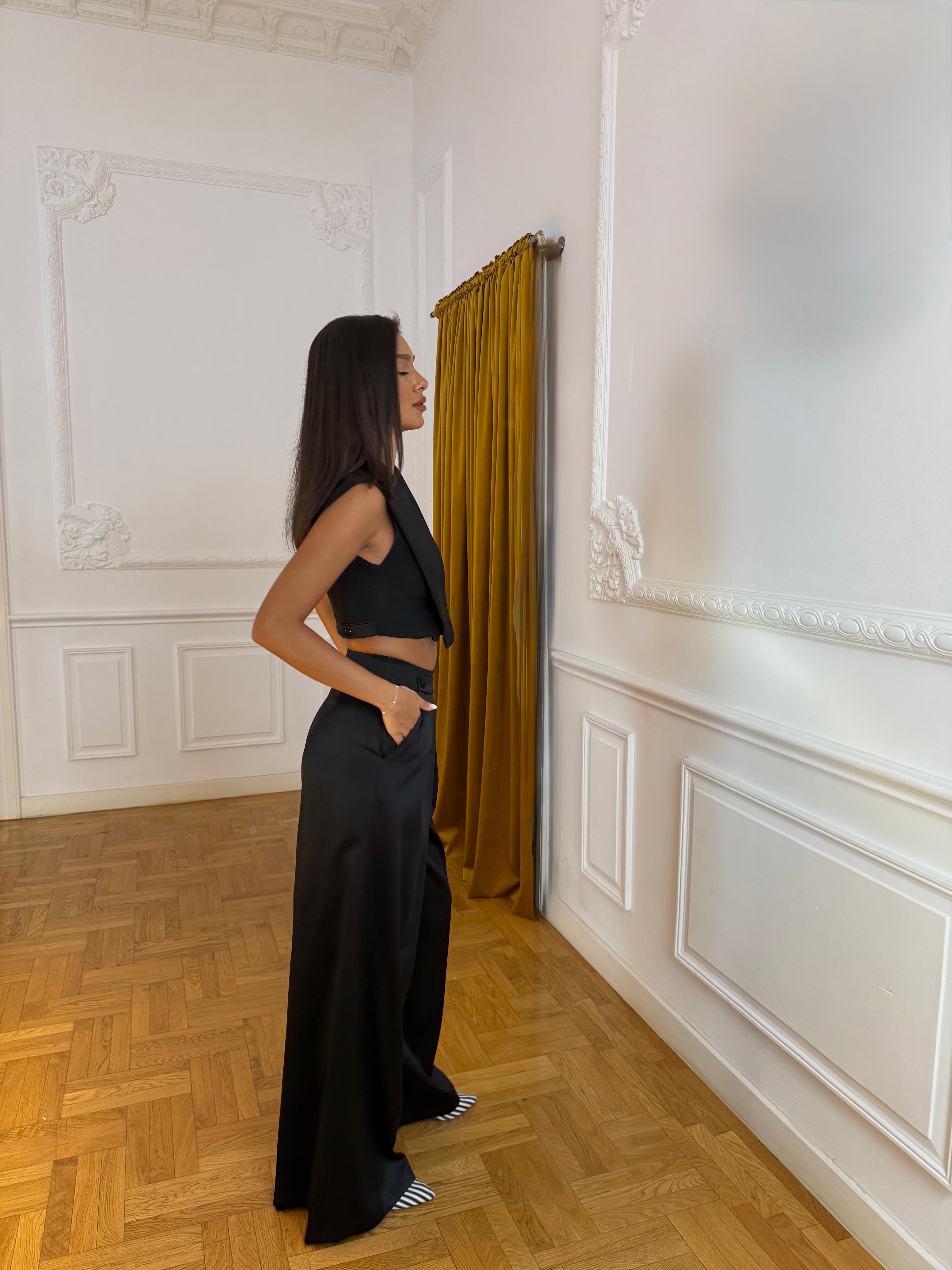 Pantaloni Satinati cu Croiala Larga, Negri, Paloma