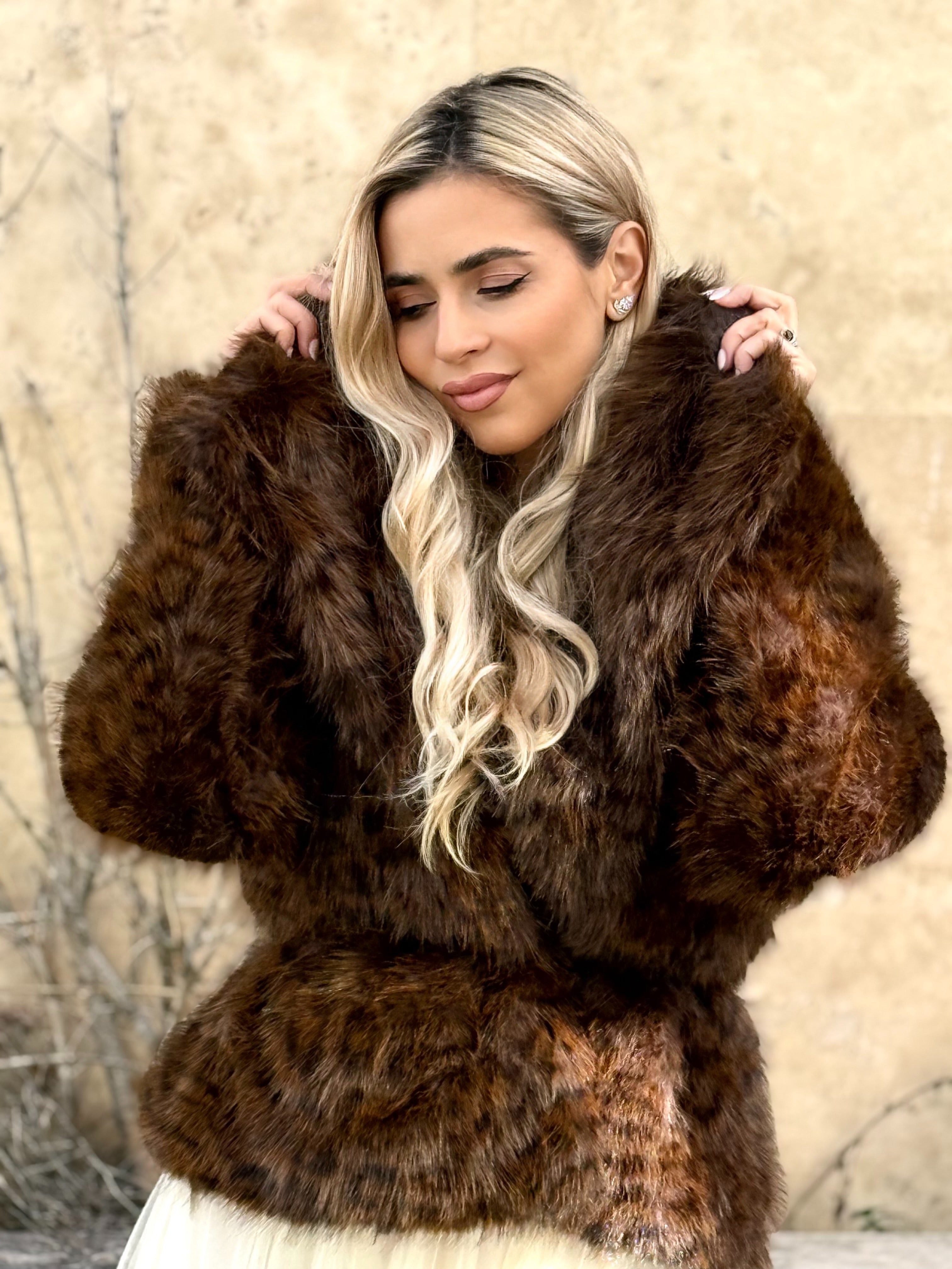 Faux Fur Coat, Animal Print - Noisette